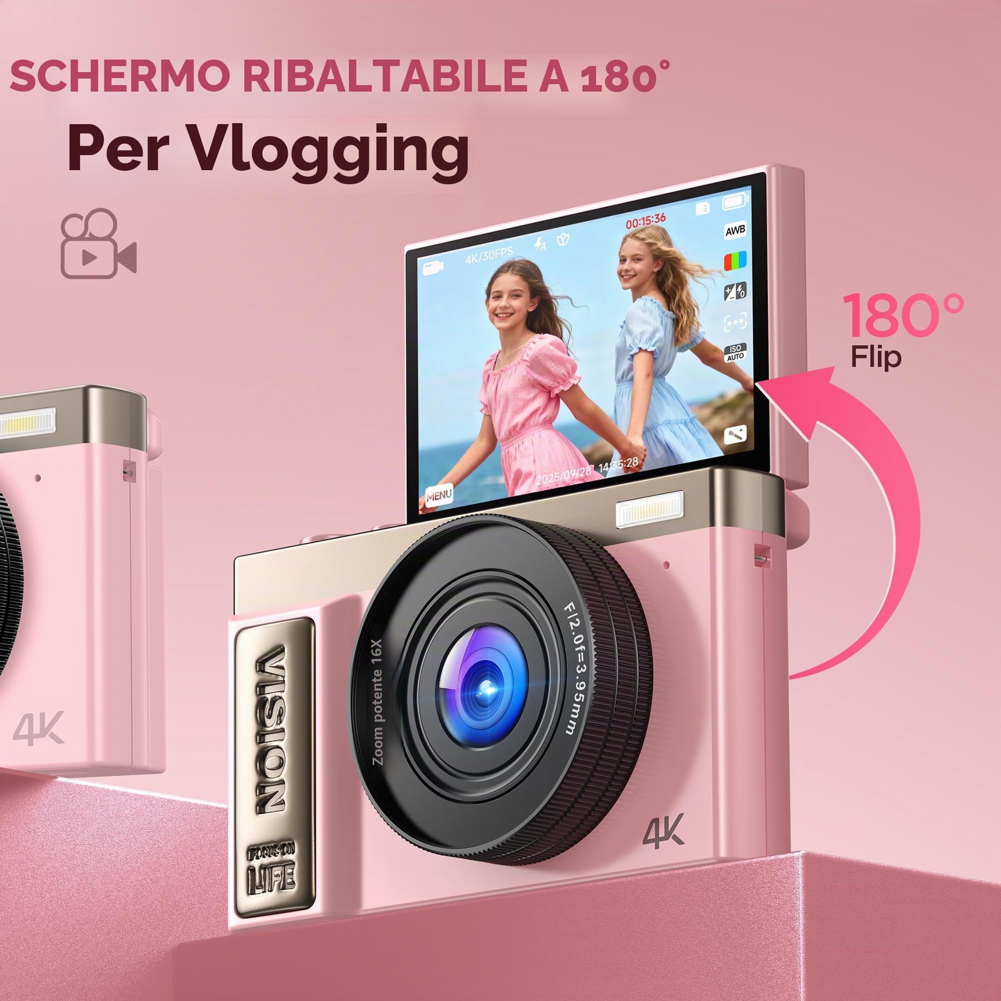 Macchina Fotografica Digitale 4K Ultra HD: 64MP Fotocamera Macchine per Principianti - Flip 180° Videocamera con Scheda di Memoria Da 32GB - Digitale Camera con Autofocus 16X Zoom Rosa