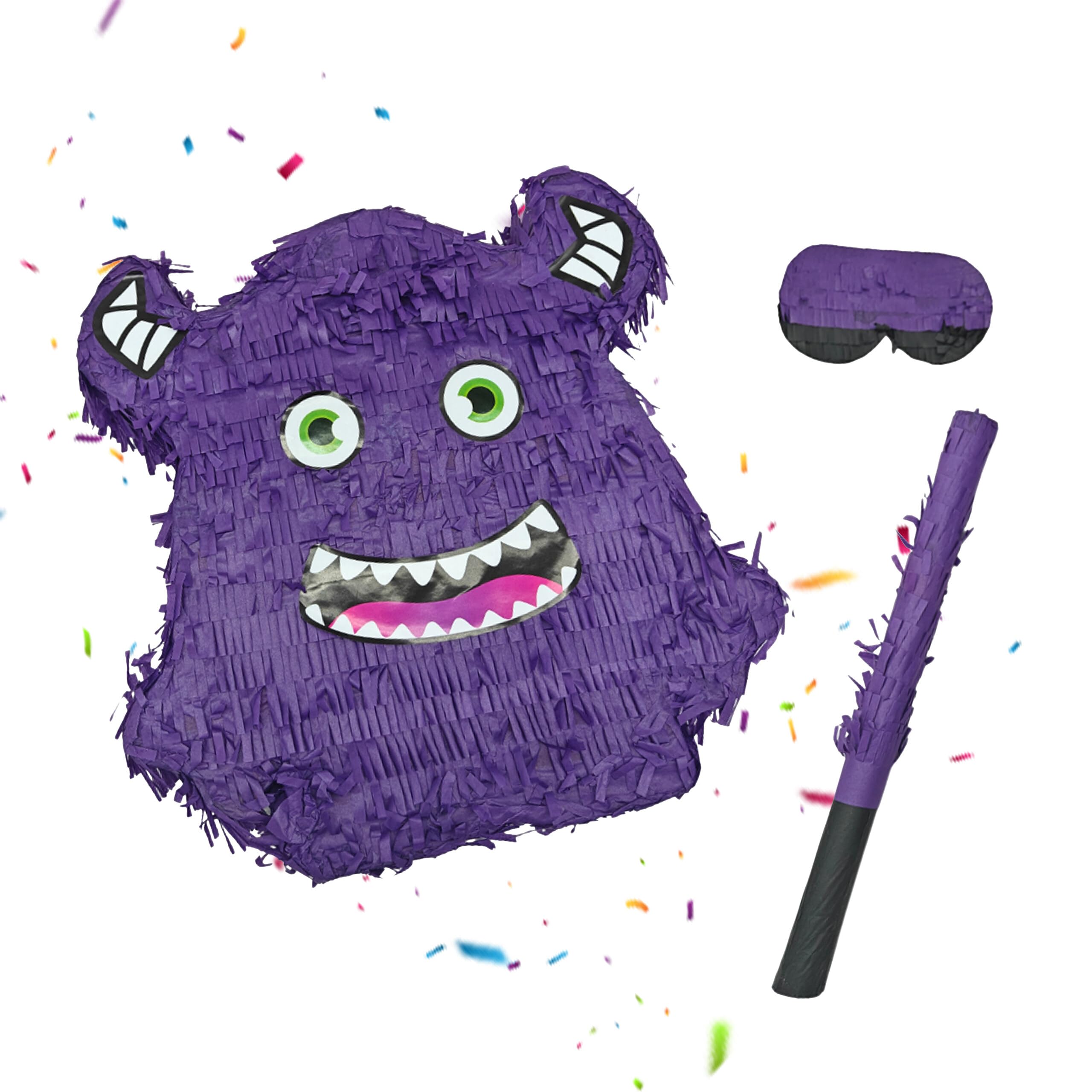 Relaxdays Monster Piñata with Stick & Mask, Fillable Party Decoration, 40x35x9 cm, Purple