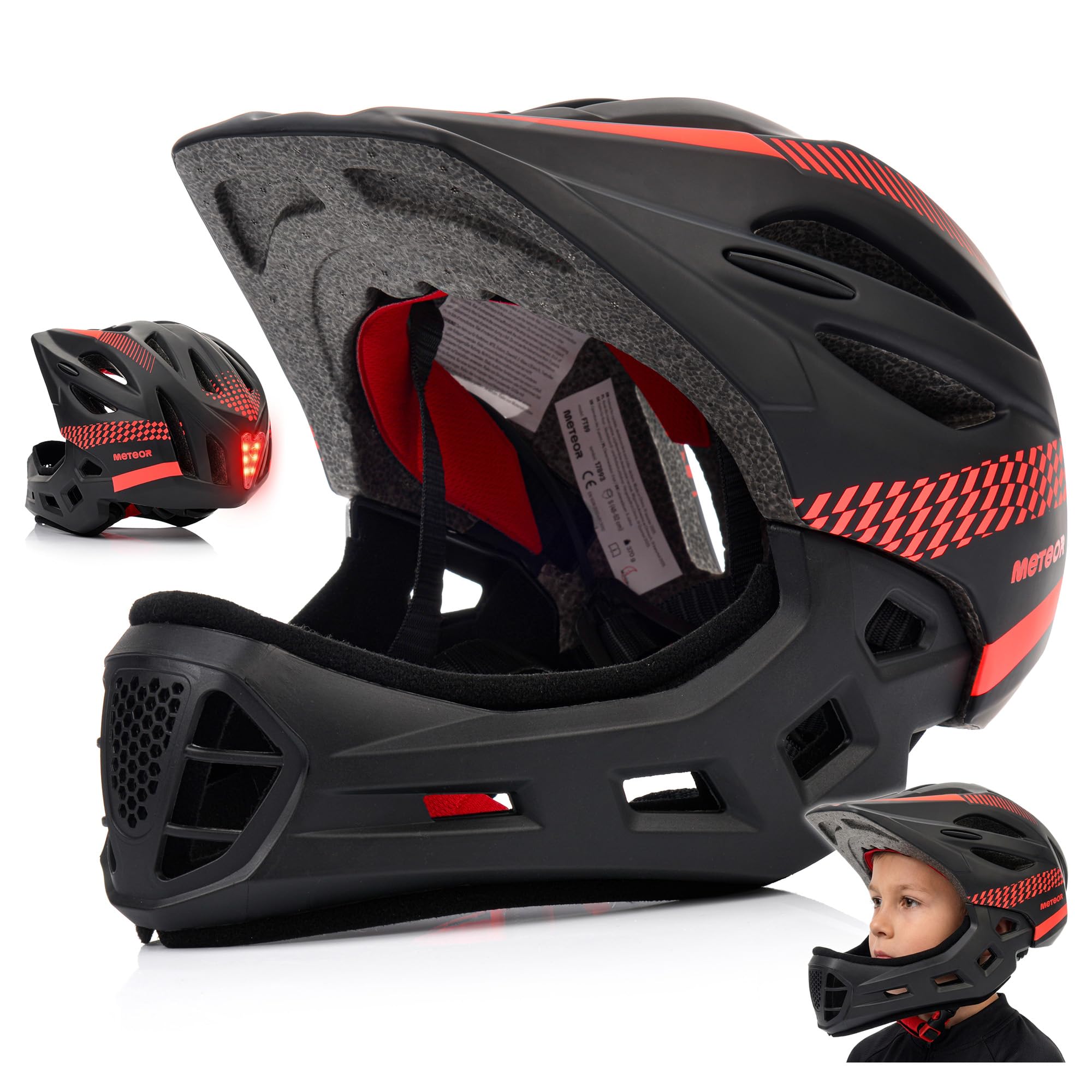 meteor Casque VTT vélo Enfant intégral 2 en 1 Full Face feu LED dès 3 Ans | Lupus casque vélo enfant full face 2 en 1 mentonnière amovible + feu LED - dès 3 ans - EN 1078