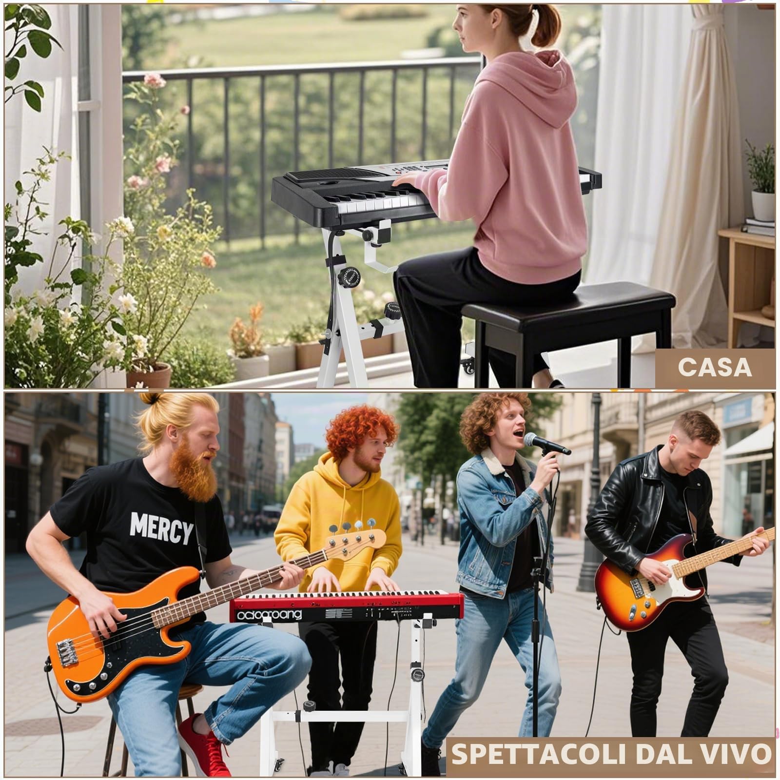 OUUTMEE Supporto per tastiera digitale, resistente, stile Z, regolabile in altezza e larghezza, con 4 ruote, adatto per pianoforti elettrici da 54 a 88 tasti, bianco