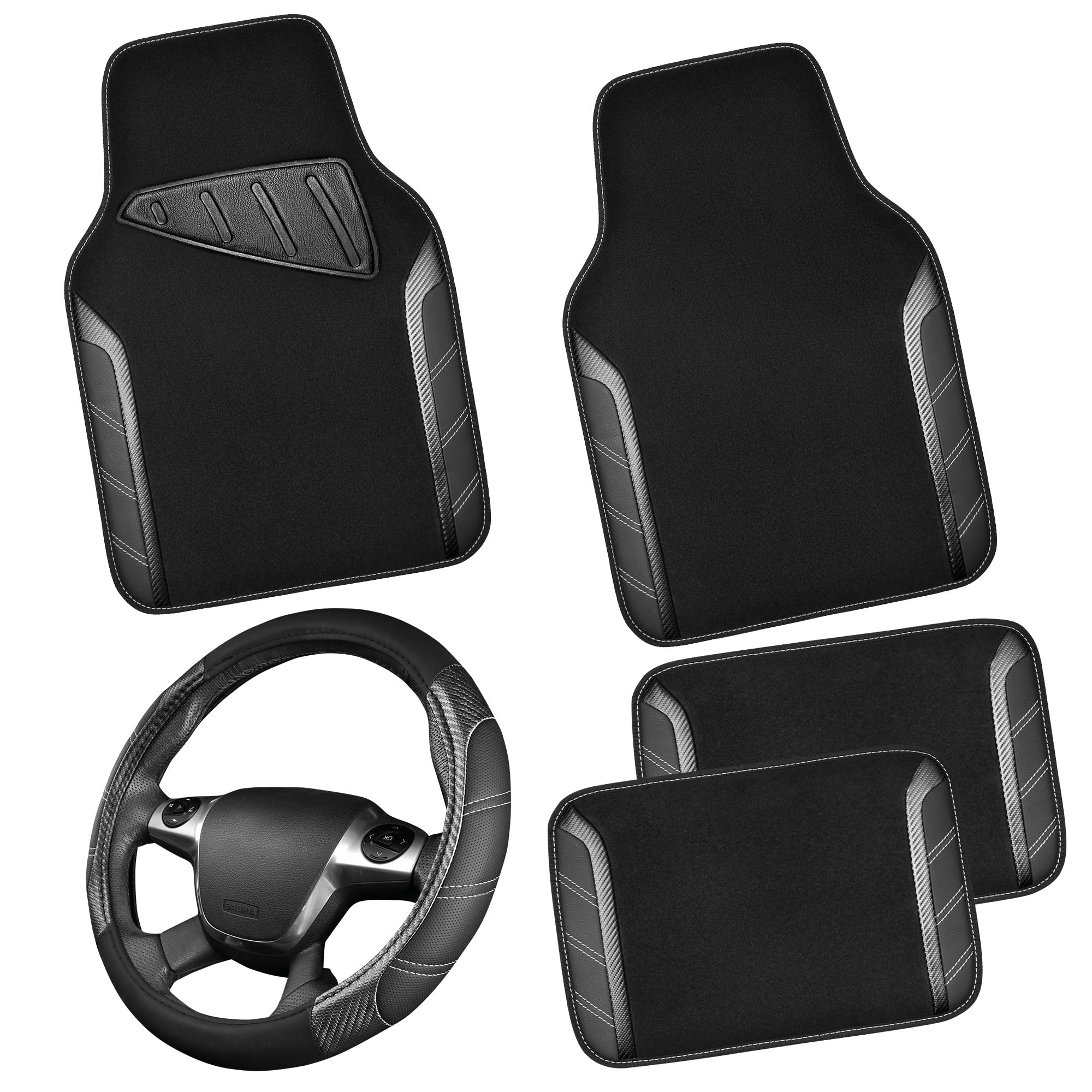 CAR PASS Leather Steering Wheel Cover and Waterproof Car Floor Mats,Microfiber Universal Car Combo Fit for 95% Sedan,SUV,Cars,14.5-15inch Sporty Anti-Slip Safety Comfortable Design(Carbon Fiber Black)