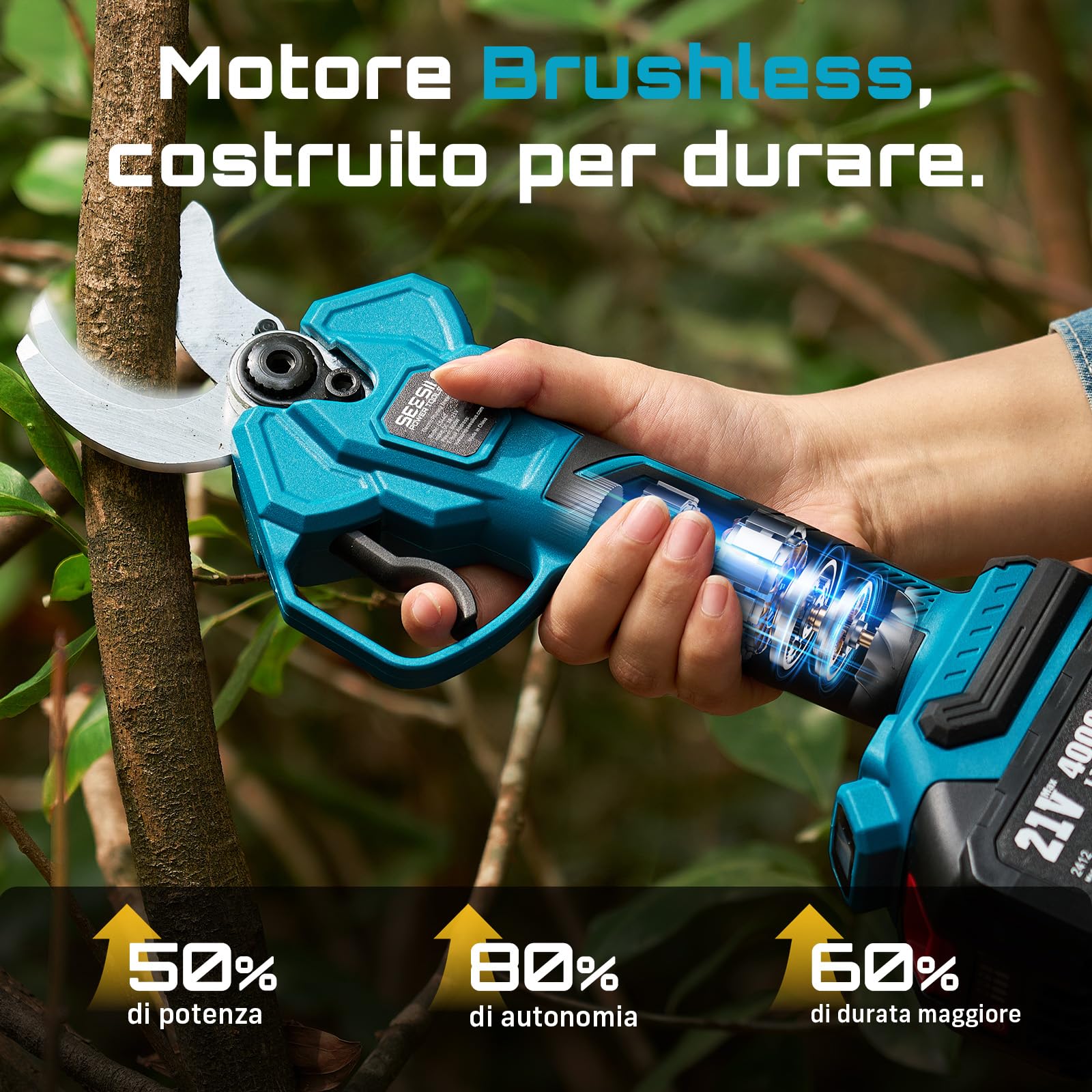 SEESII Forbici Potatura a Batteria 40 mm – Forbici Elettriche con 2× 4000mAh Batterie, Lama SK5, Motore Senza Spazzole, Schermo LCD, per Frutteti, Paesaggistica e Giardinaggio Professionale, CS440
