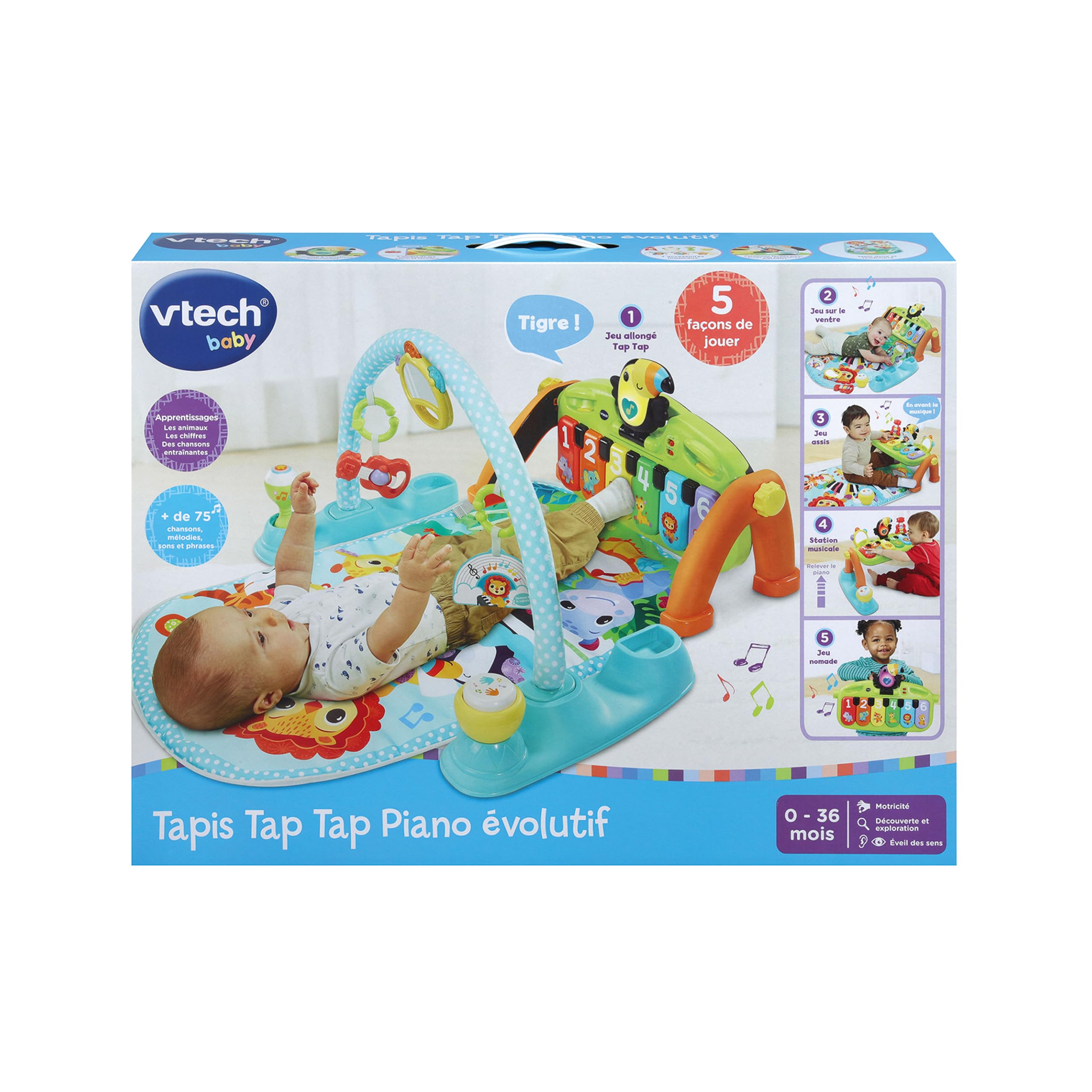 VTech - Tapis Tap Tap Piano Évolutif 5 en 1 - Tapis d'Éveil avec Arche d'Éveil, Piano Bébé Lumineux et Hochets - Jeu Musical et Évolutif - Motricité Bébé - Cadeau de Naissance - Contenu en Français