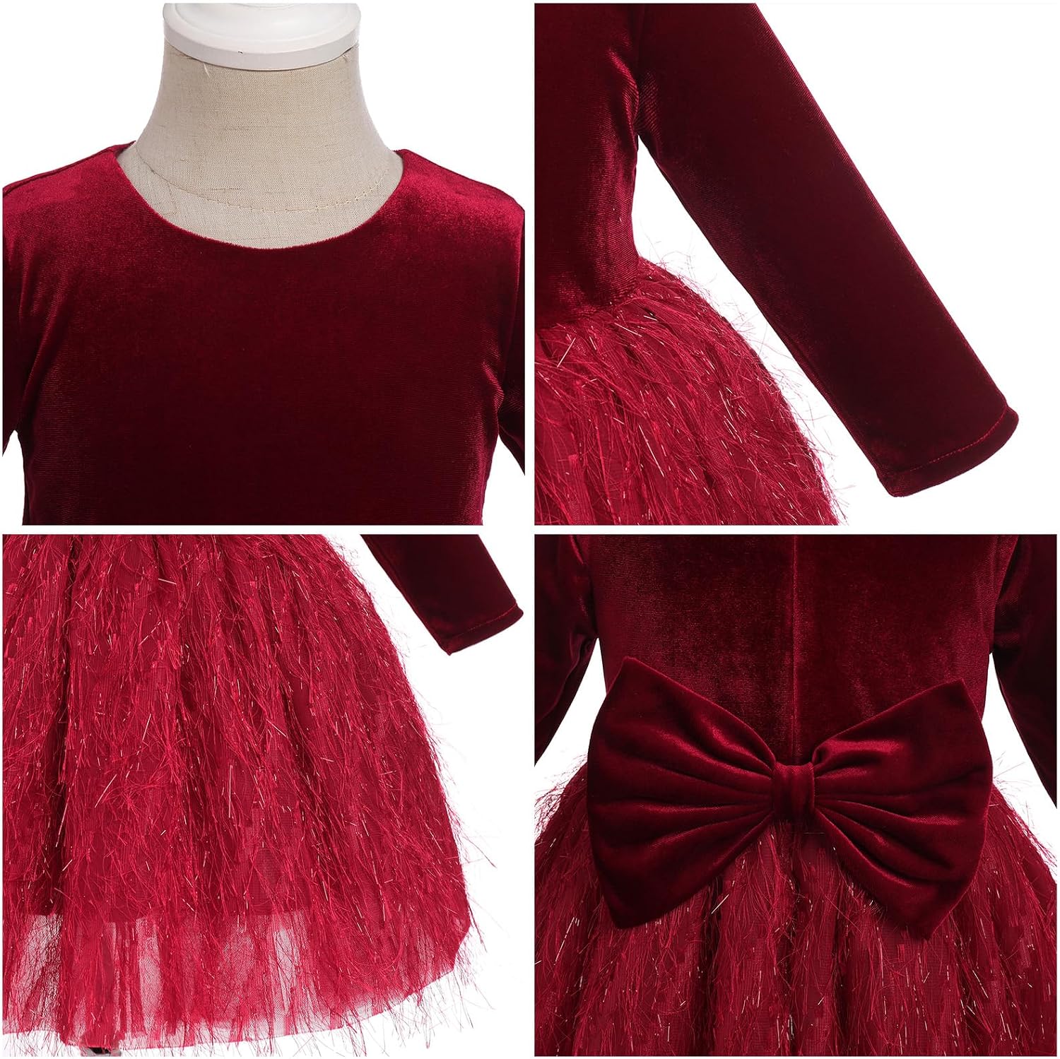 IDOPIP Shiny Velvet Dress for Toddler Baby Girls Fall Winter Long Sleeve Christmas Birthday Party Bowknot Tutu Dress Clothes