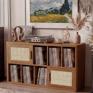 LELELINKY Large Record Player Stand - 39.5" Record Cabinet with Open Vinyl Storage Holds up to 400 Albums, Mid-Century Vinyl Player Table with Rattan Doors, Turntable Stand for Living Room, Brown