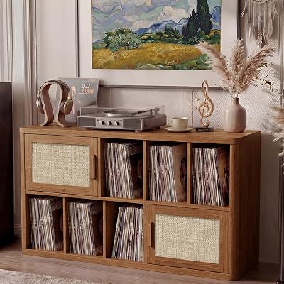 LELELINKY Large Record Player Stand - 39.5" Record Cabinet with Open Vinyl Storage Holds up to 400 Albums, Mid-Century Vinyl Player Table with Rattan Doors, Turntable Stand for Living Room, Brown