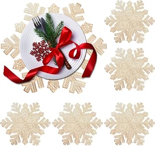 Snowflake Placemats Set of 6,Rouhuhura 15 inch Christmas Placemats Decorations Snowflake Tablemats Hollow Out Design Round Vinyl Place Mats Dining Table Setting Kitchen Table Mats for Christmas(Gold)