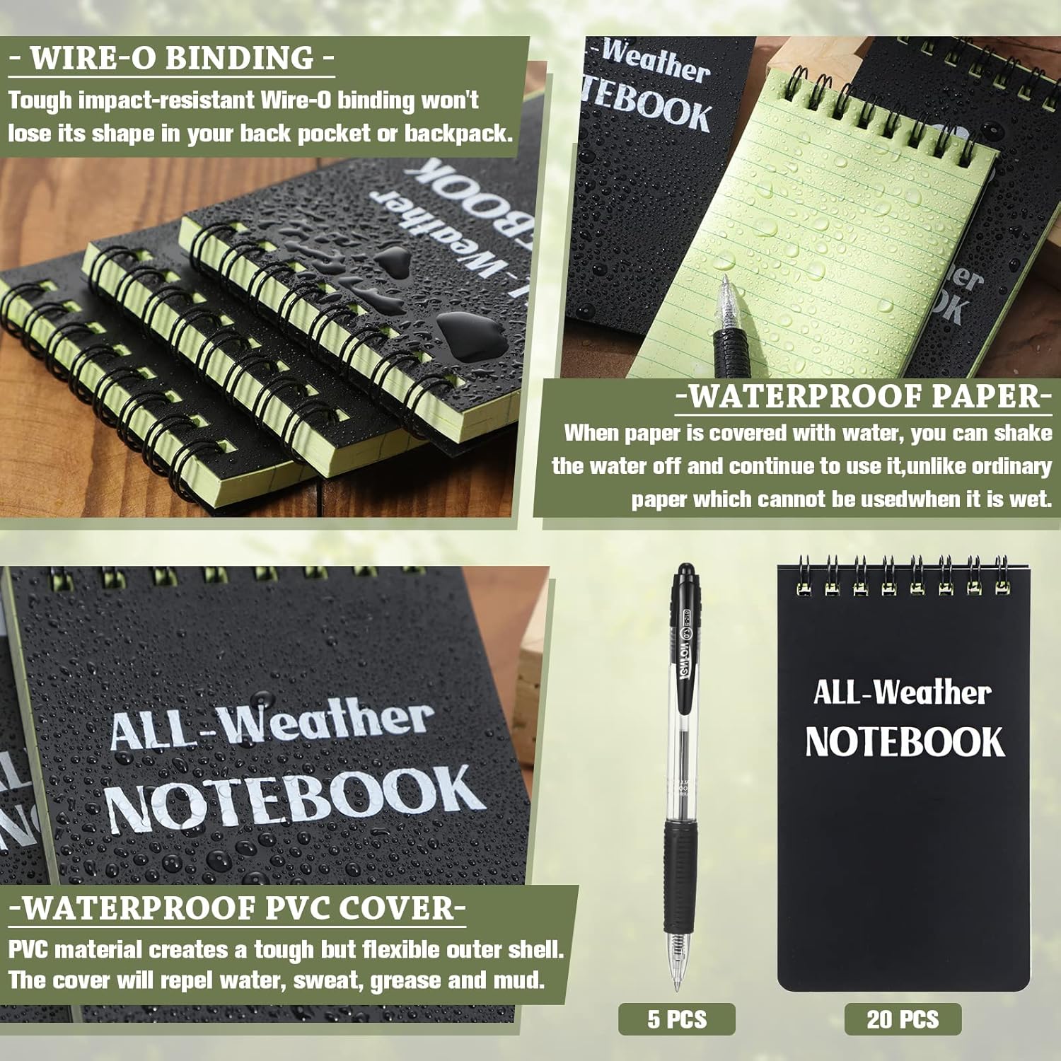 Chinco 20 Pcs All Weather Notepads Bulk 3 x 5 Inches Pocket Waterproof Notebooks Top Spiral Tactical Notepad Weatherproof Cover and 5 Retractable Gel Ink Pens for Outdoor Activities Recording