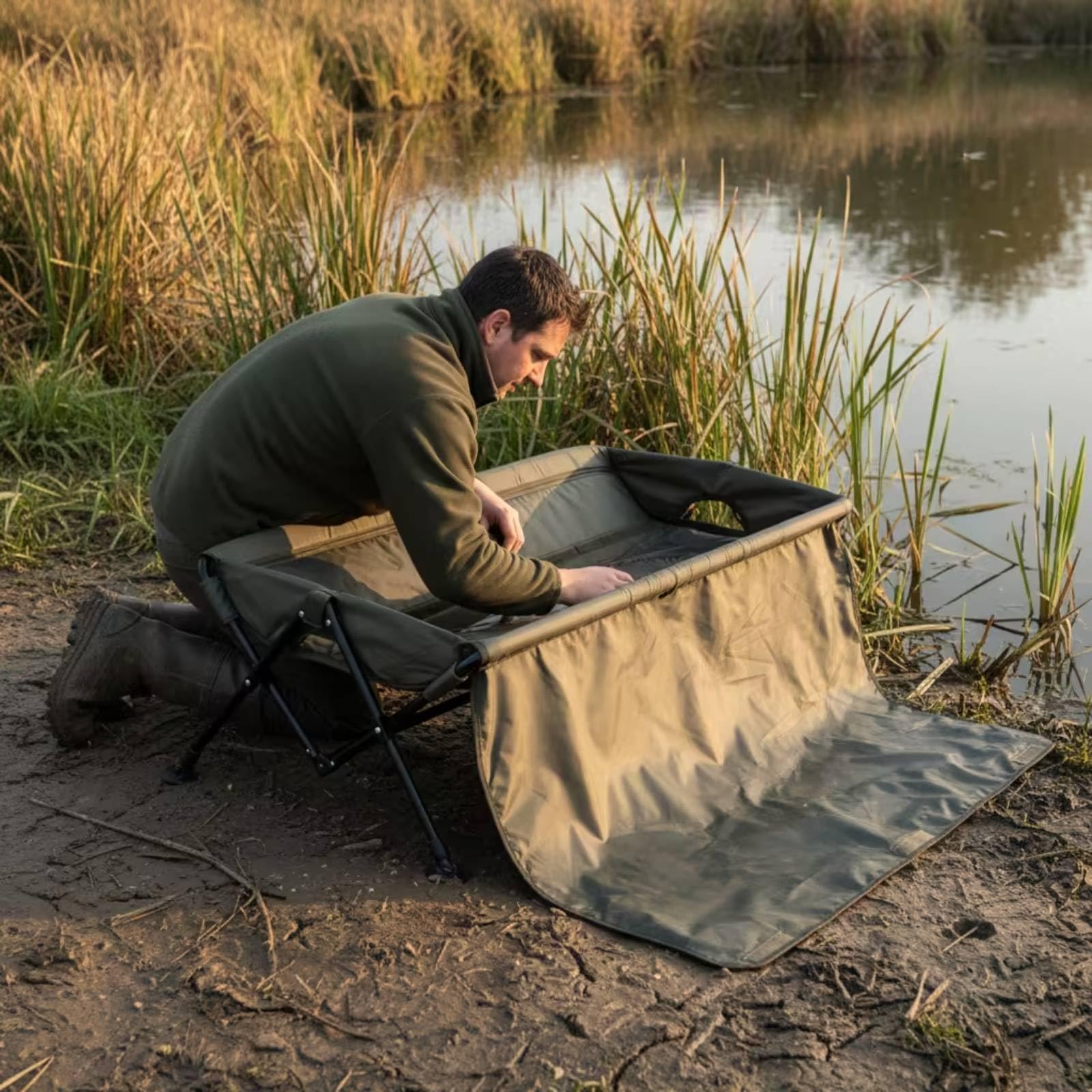 Lit de Pêche Pliable Tapis Berceau Carpe Support Dépliable Coussiné Protection Imperméable Oxford avec Rebord Surélevé et Extension Repose-Genoux Adapté à la Pêche à la Carpe