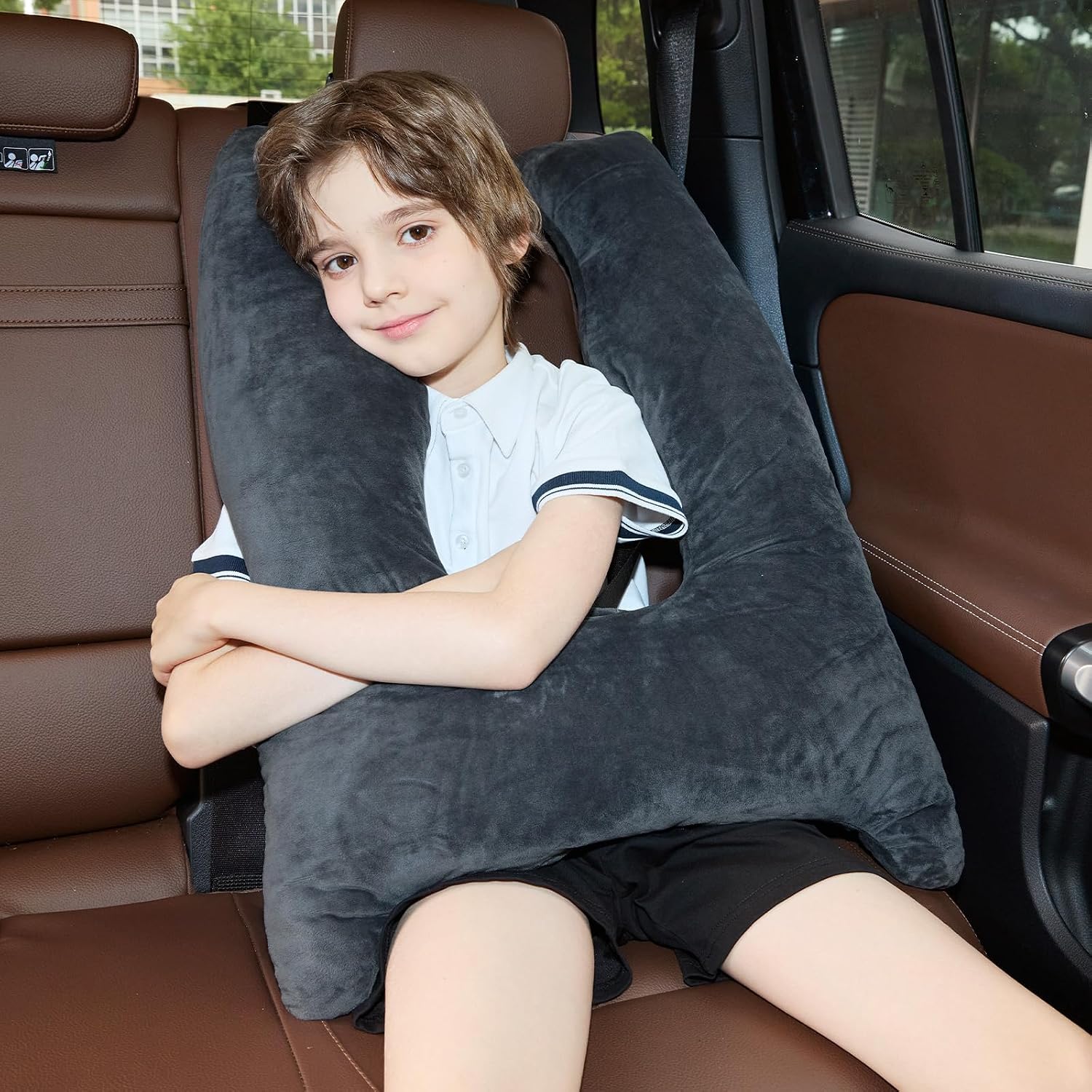 Car Pillow for Kids Travel Pillow with Adjustable Strap, Kids Floor Pillows Cushions for Adults and Children to Support Head and Body Road Trip Essentials(Grey)