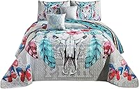 Vista 1 de Western Peak Bull Skull Native Tribal Feather Artesanal Southwestern Boho Design Juego de ropa de cama con almohadas (juego de 5 piezas, King)