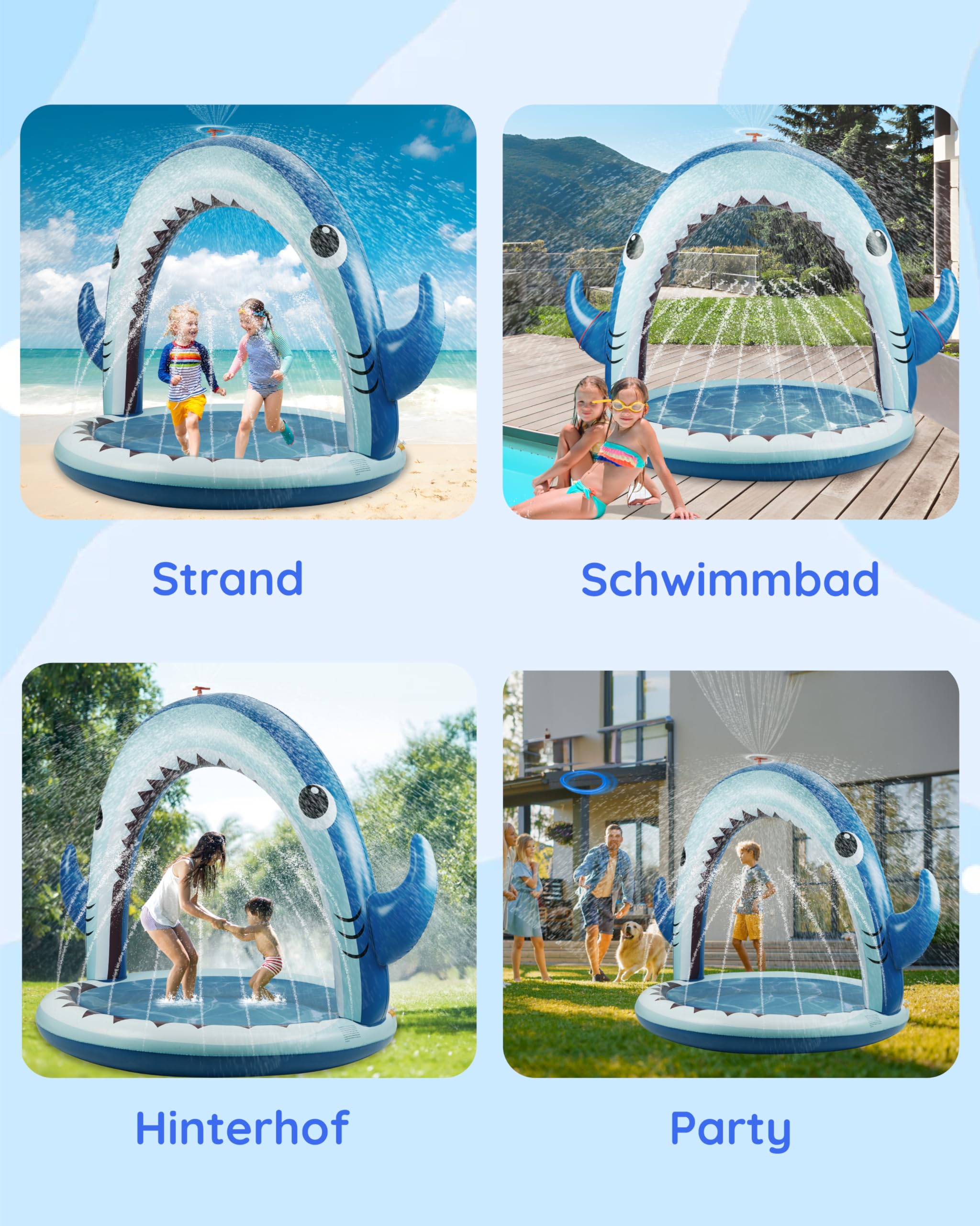 Gleamkid Sprinkler für Kinder, 4-in-1 aufblasbares Hai-Wasserspielzeug für Jungen und Mädchen, Sommer Outdoor-Spiel mit 4-Ring-Wurf, Garten-Wassersprinkler-Sprühspielzeug, tolles Geschenk für Kinder