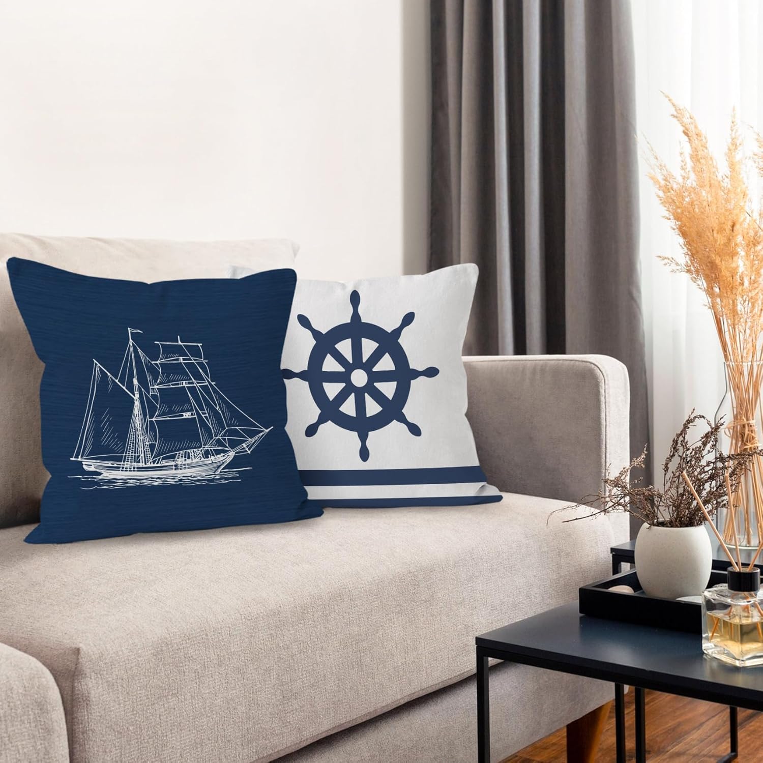 Coastal Nautical Decorative Throw Pillow Cover, Nautical Gifts, Navy Blue Boat Anchor Compass Ocean Pillow Covers for Home Beach House Room Bed Sofa Decor, 18x18 Inch Set of 4 - Image 6