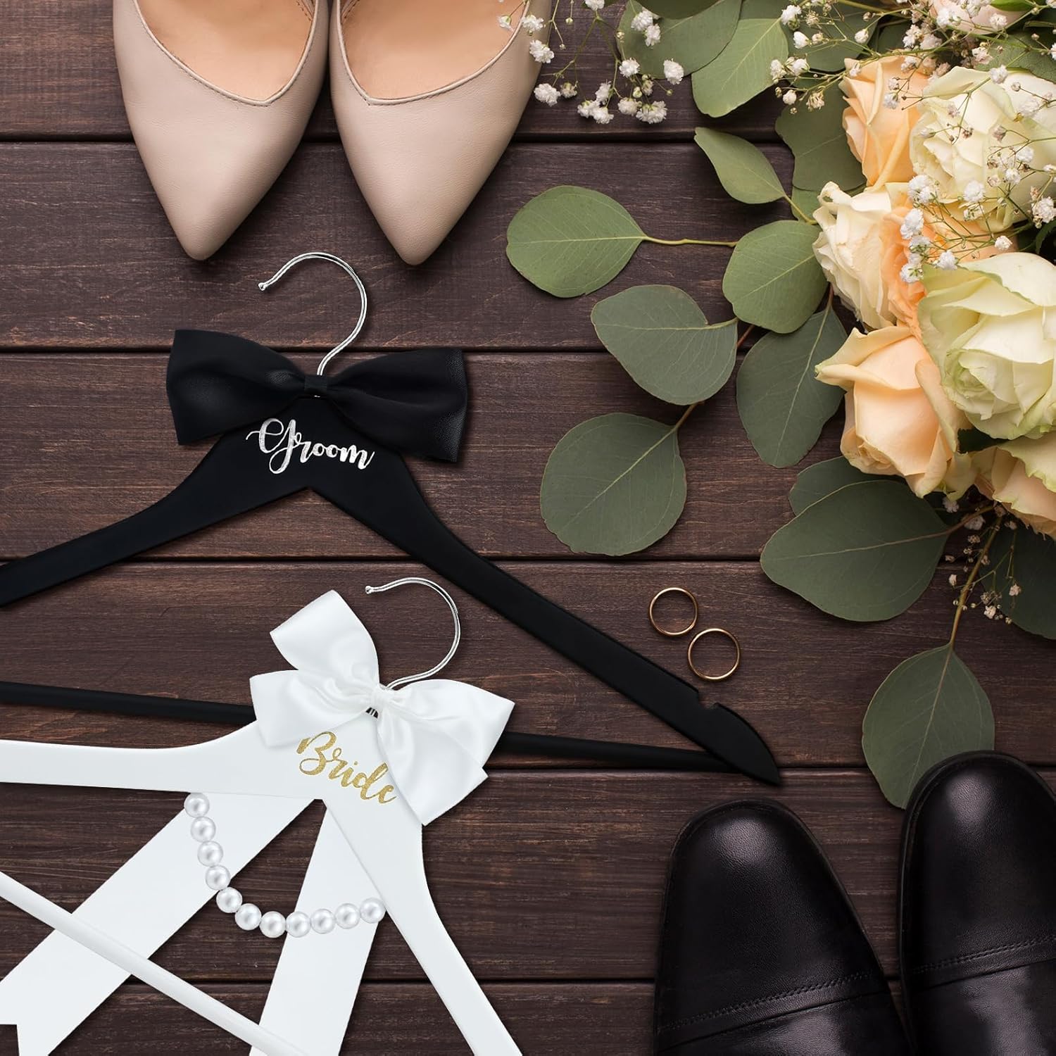 FillTouch 2 Pack Bride and Groom Wedding Hanger Set with Ribbon Bow Wooden Dress Suit Hanger Gift for Wedding Bridal Party Photo Decor(Black and White,Classic)