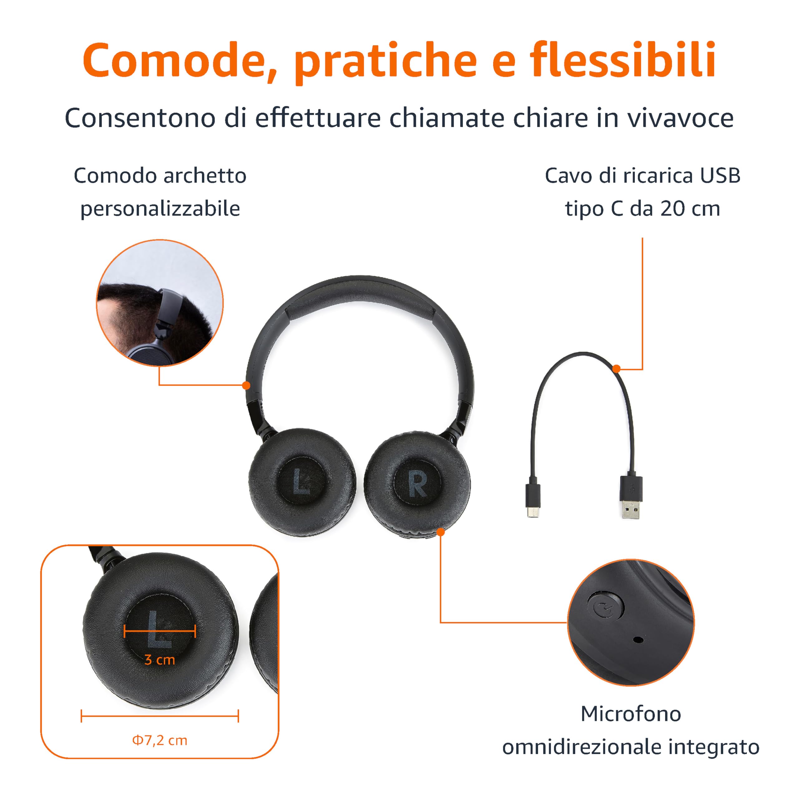 Amazon Basics Cuffie Over-Ear Wireless Bluetooth 5.1, Fino a 35 Ore di Autonomia, Leggere, Regolabili, Ideali per Viaggi, Ufficio, Cellulare e PC, Colore Nero