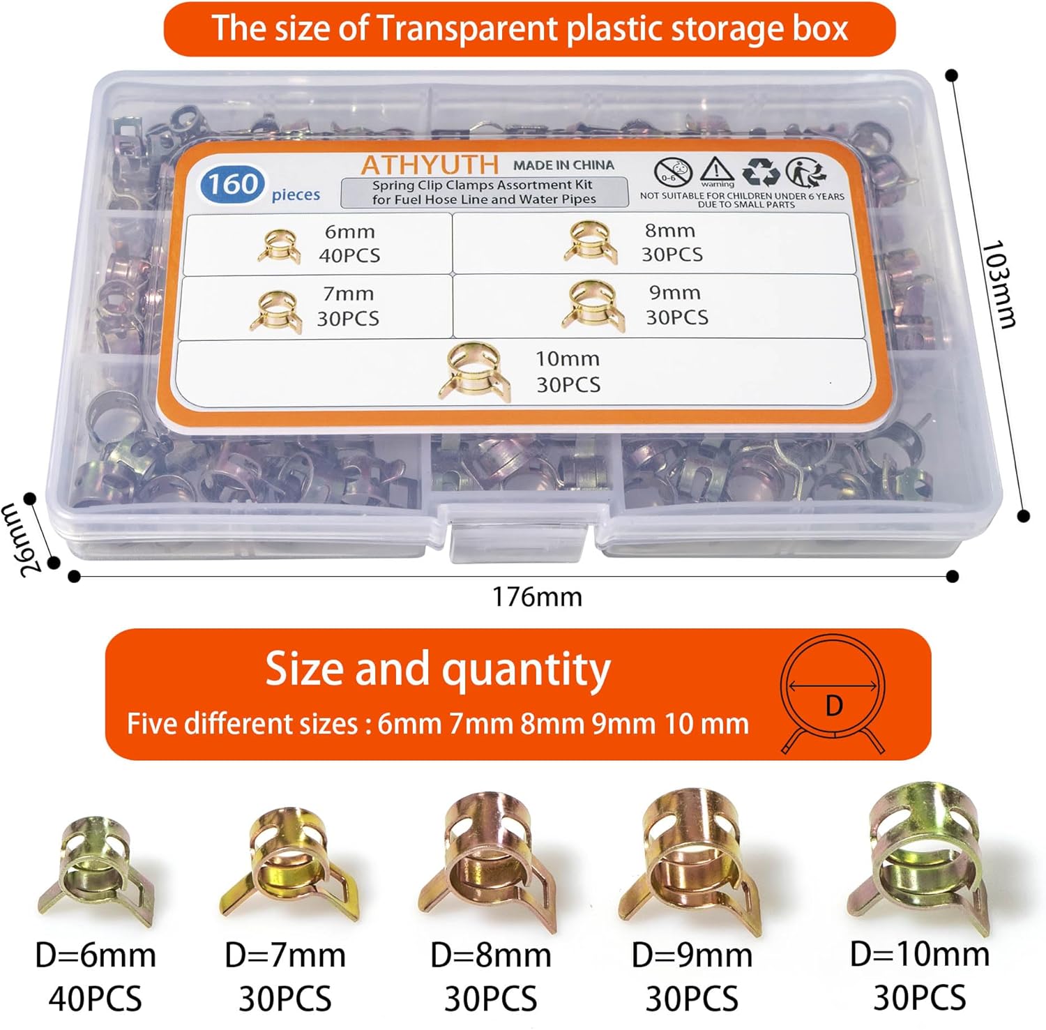 160pcs 6-10mm Silicone Vacuum Fuel Hose Line Spring Clip Clamp Spring Band Type Action Fuel Pipe Clamps Low Pressure Air Clip Clamp Assortment Kit