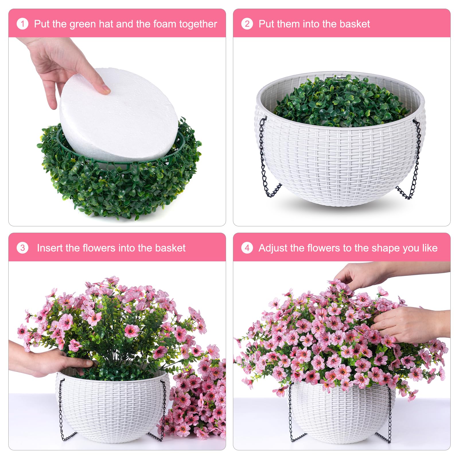 Artificial Fake Hanging Plants Flowers Basket for Outdoor Spring Decor, Faux Silk Pink Daisy Eucalyptus in Pot Planter Realistic UV Resistant for Outside Porch Patio Balcony Home Yard