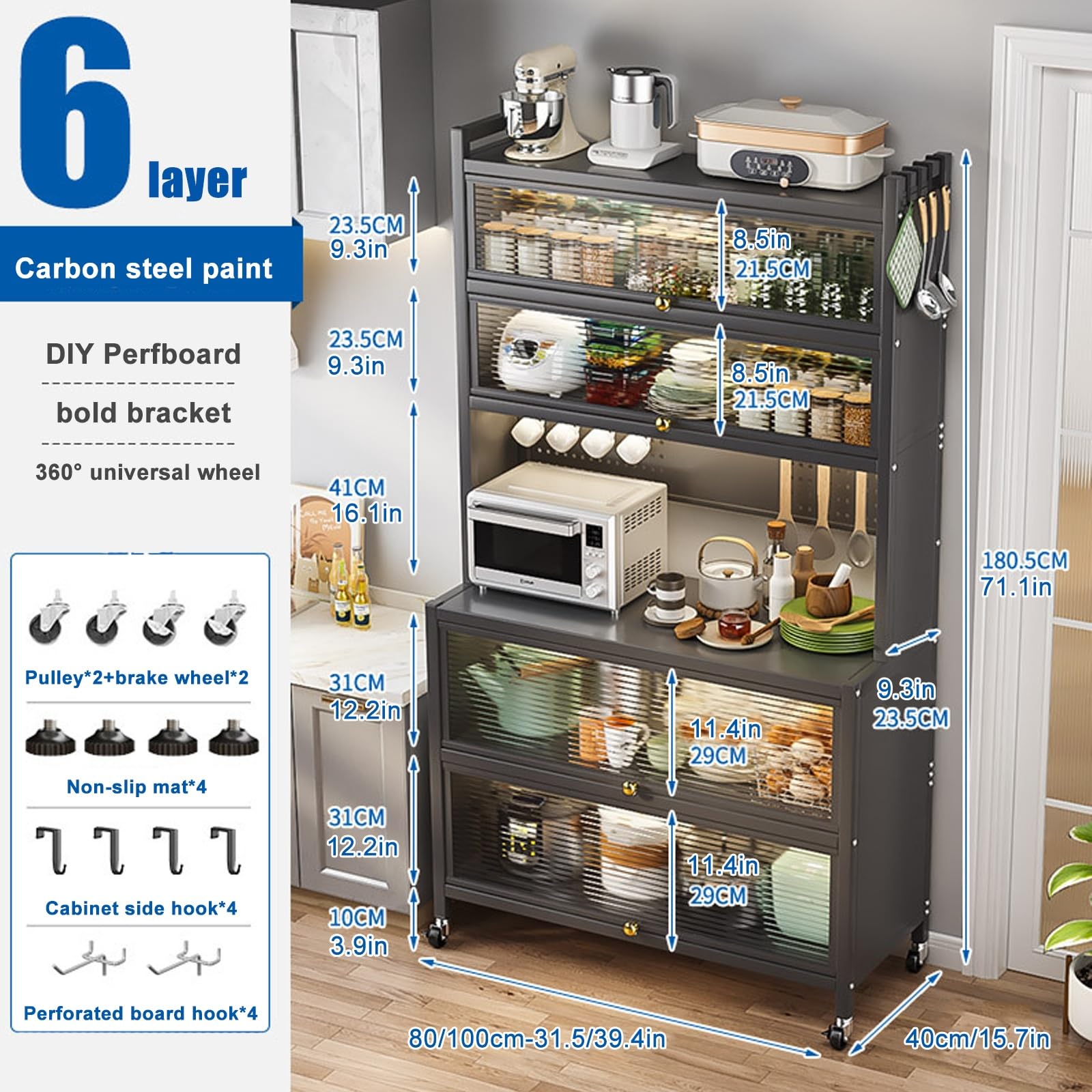 Freistehendes Bäckerregal mit 6 Ebenen, mit Rollen, Küchenschrank und Aufbewahrungsregalen, Metall, Küchenregal mit Klapptür, Stecktafel und 8 Haken, Grau, 80 cm