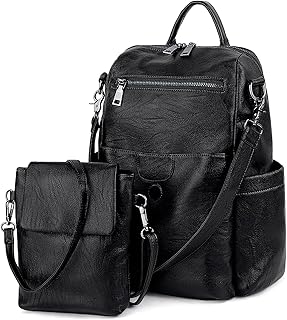 UTO Women Backpack Purse PU Washed Leather Ladies Rucksack Detachable Crossbody Shoulder Bag B Black