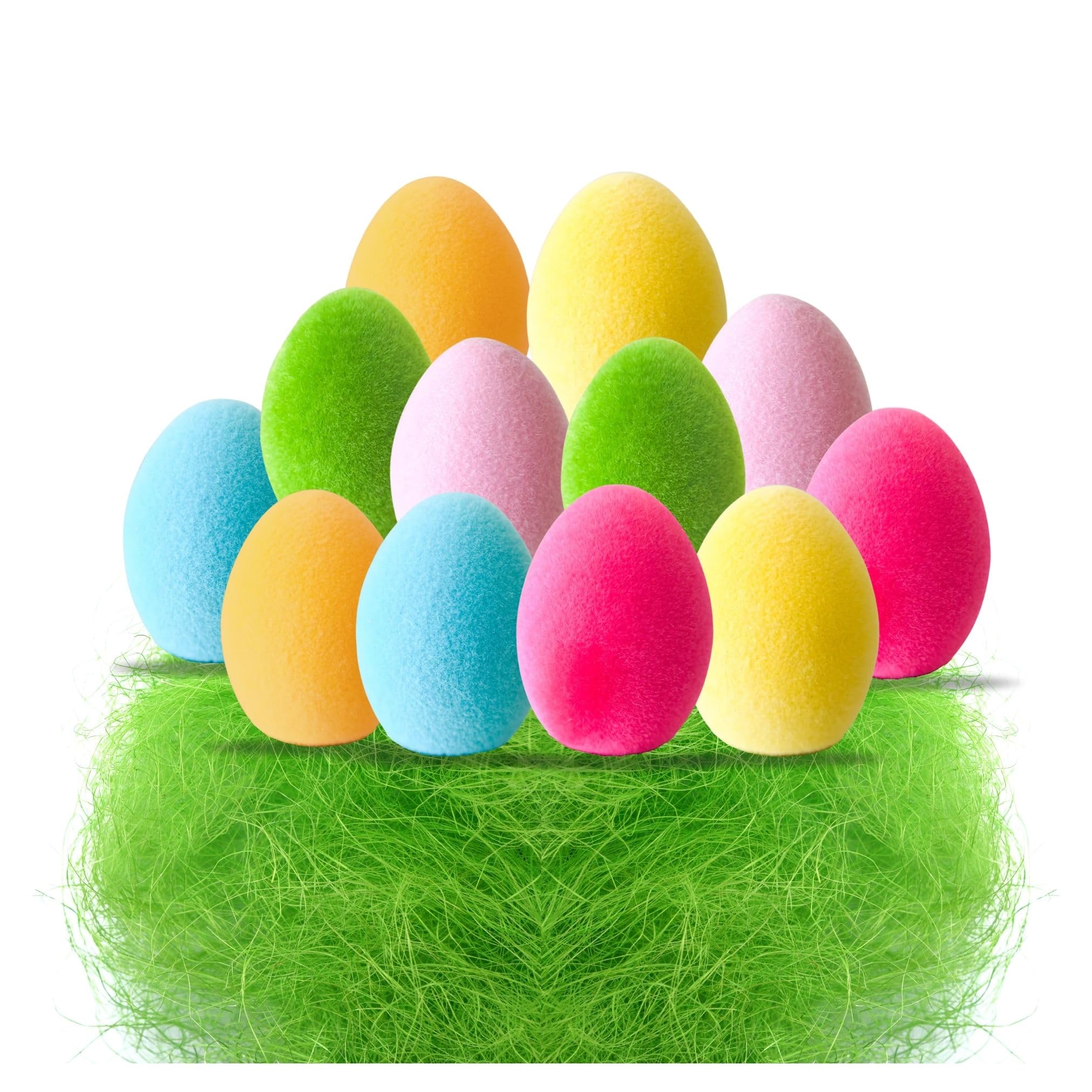 AKH® 12-Pack Flocked Easter Eggs with Green Grass Set | Foam Eggs for Crafts, Photo Props, Egg Hunts, Party Decor, Basket Fillers, Garden & Nest Decorations