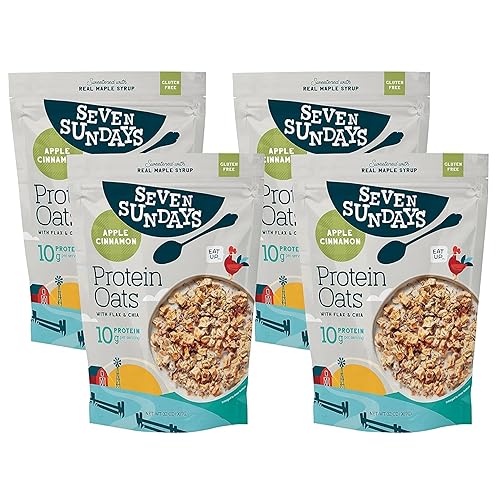 Seven Sundays Avena proteica, manzana y canela, bolsa de 32 onzas (paquete de 4), avena sin gluten, 0.35 onzas de proteína reciclada, disfruta de