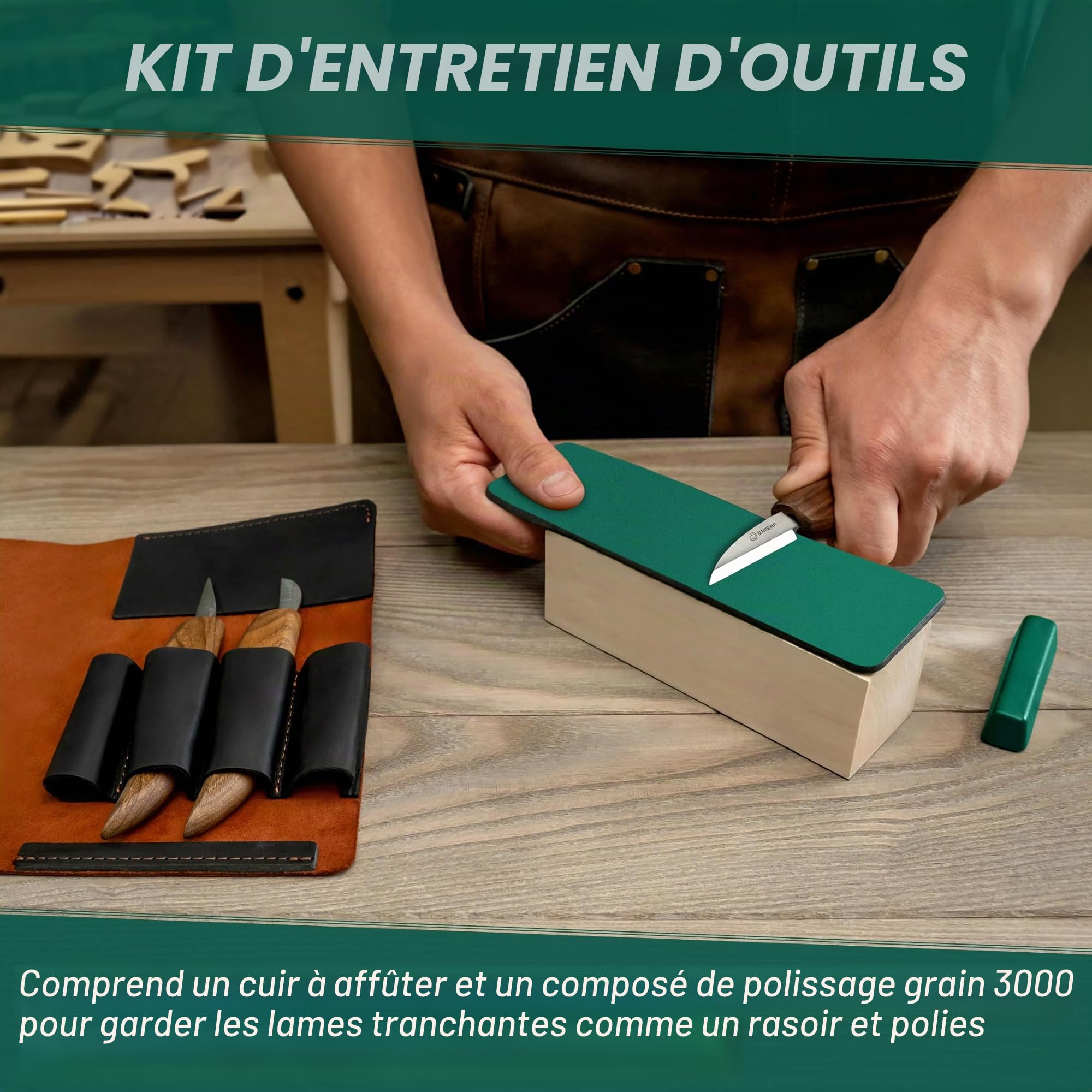 BeaverCraft Deluxe S15X Set de couteaux de sculpture sur bois avec étui en cuir - Kit de sculpture sur bois de qualité supérieure avec affûtage en cuir et pâte à polir