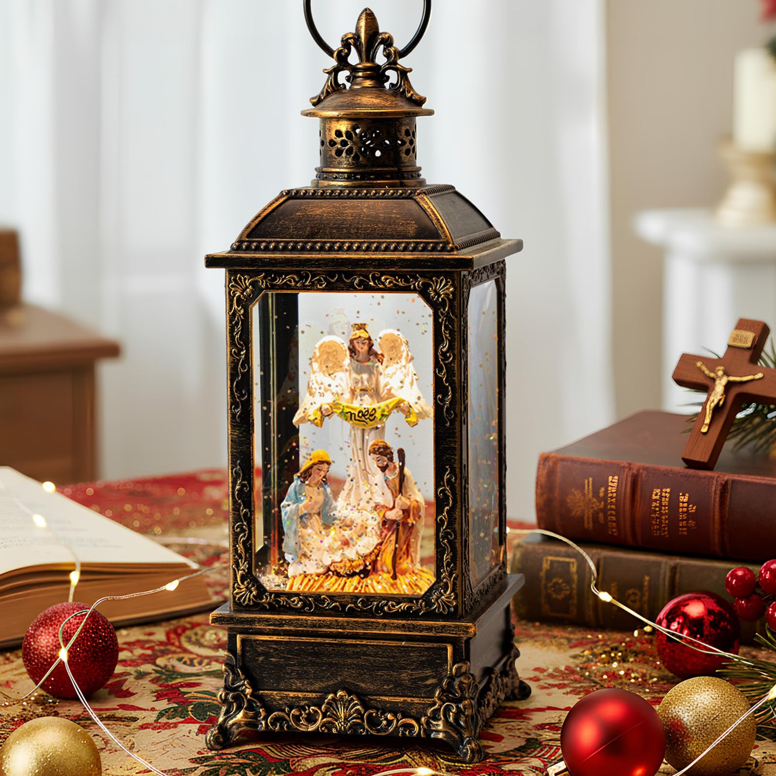 Christmas Snow Globe Swirling Glittering Angel &amp; Nativity Scene with Music, USB Lined/Battery Operated Lighted Water Lantern for Christmas Festival Decoration Gifts