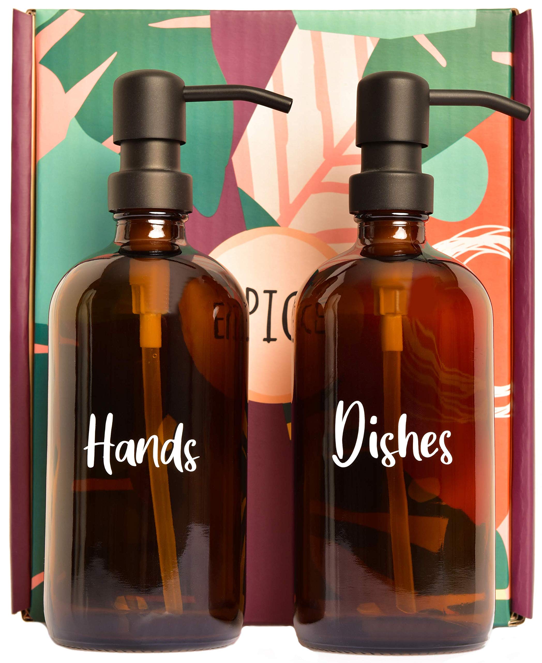Epicé Amber Glass Soap Dispenser Set with Matte Black Stainless Steel Pumps - Hand Soap Dispenser and Dish Soap Dispenser for Kitchen Sink (16 oz Refillable Pump Bottle Dispenser Set + Vinyl Labels)