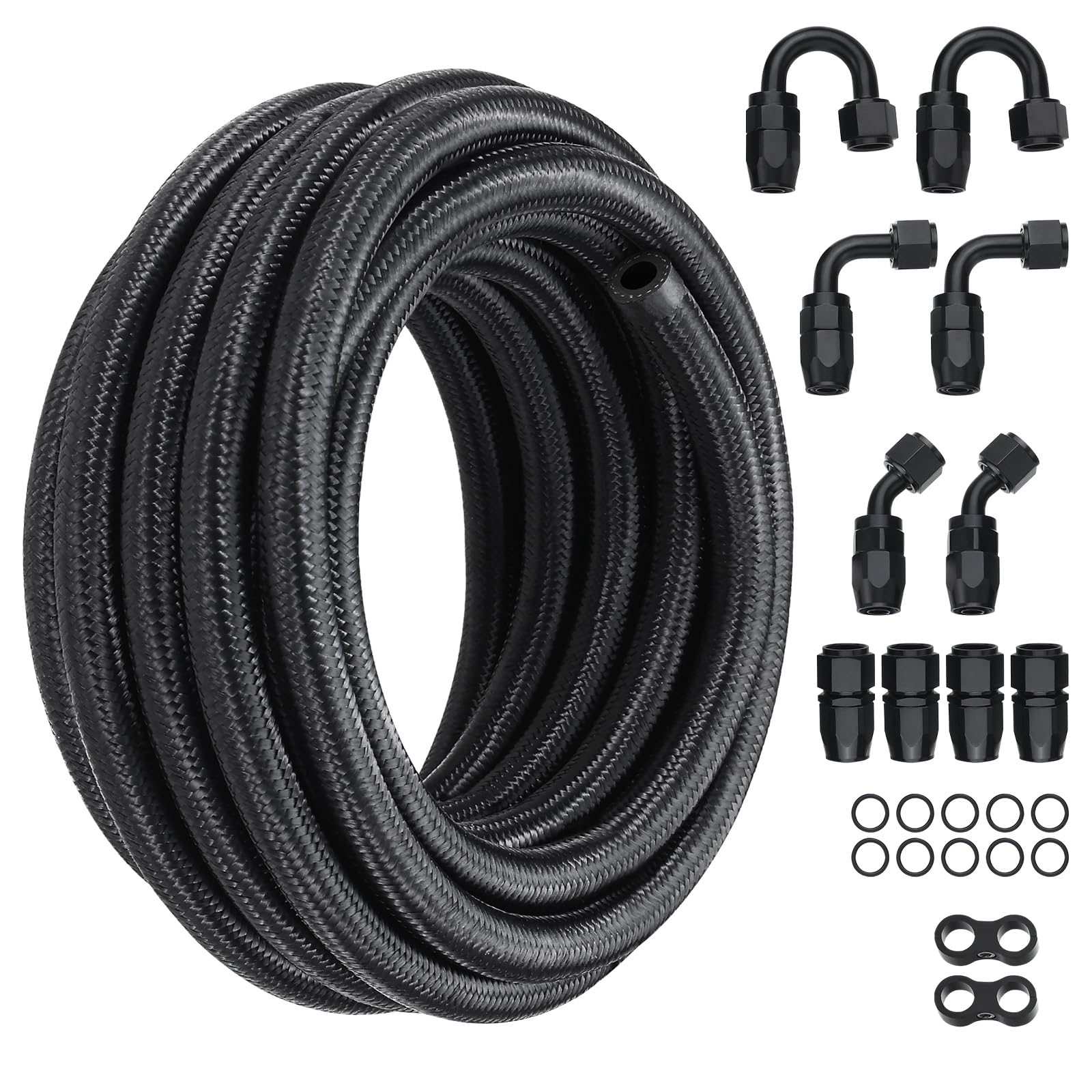 VEVOR 6AN Kit Tubo Carburante, Kit Tubo Carburante da 20 FT, Kit Raccordi Estremità Tubo Carburante in Nylon da 0,34" in Acciaio Inox per Olio/Gas/Diesel, con Kit Adattatore Raccordo 12 Pezzi, Nero