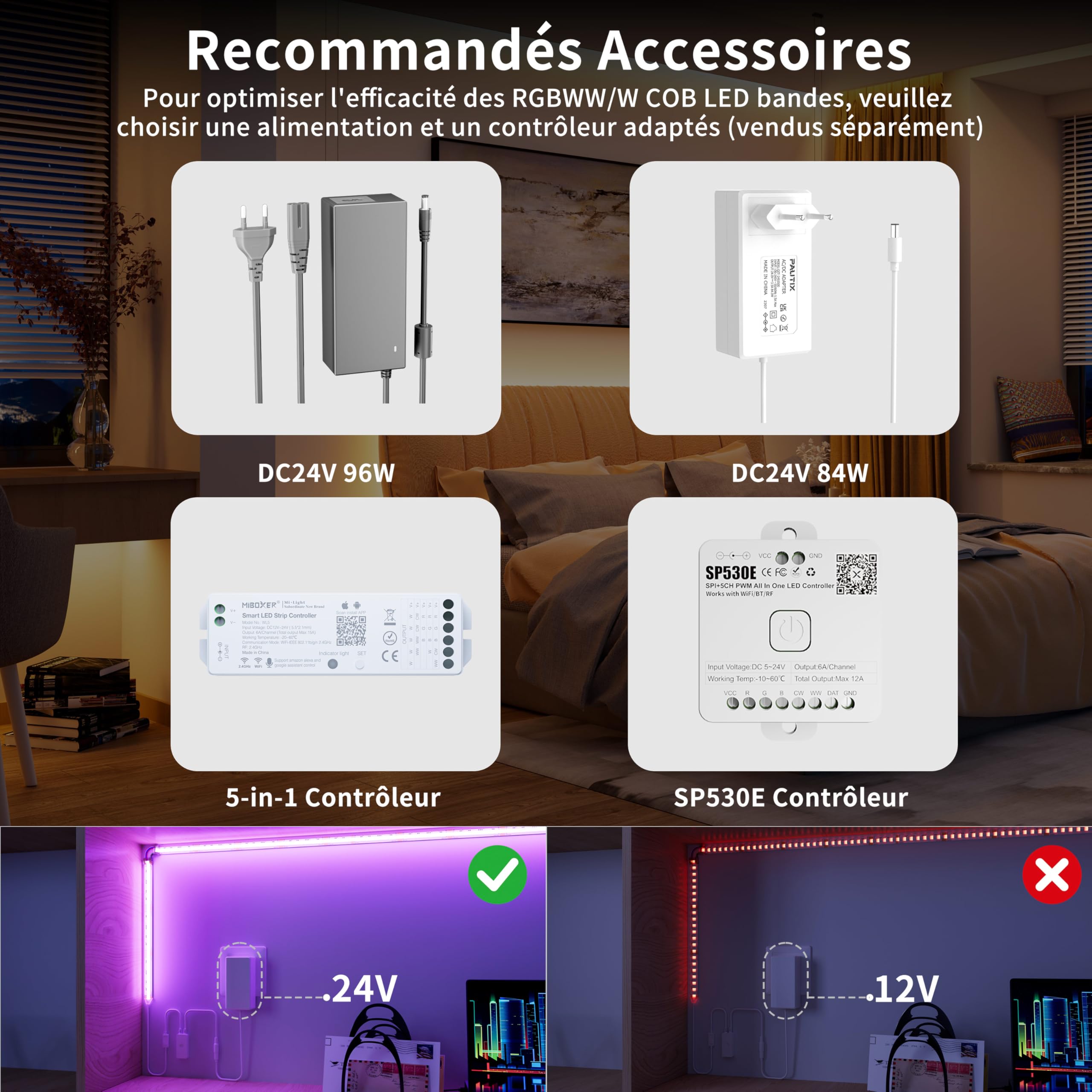 PAUTIX Ruban LED COB RGBW/WW 10M 840LEDs/M RGB+CCT Couleur Température Réglable 2700K-6500K, Bande Lumineux à Changement de Couleur 24V pour Maison Décoration(Alimentation et Contrôleur NON Inclus)