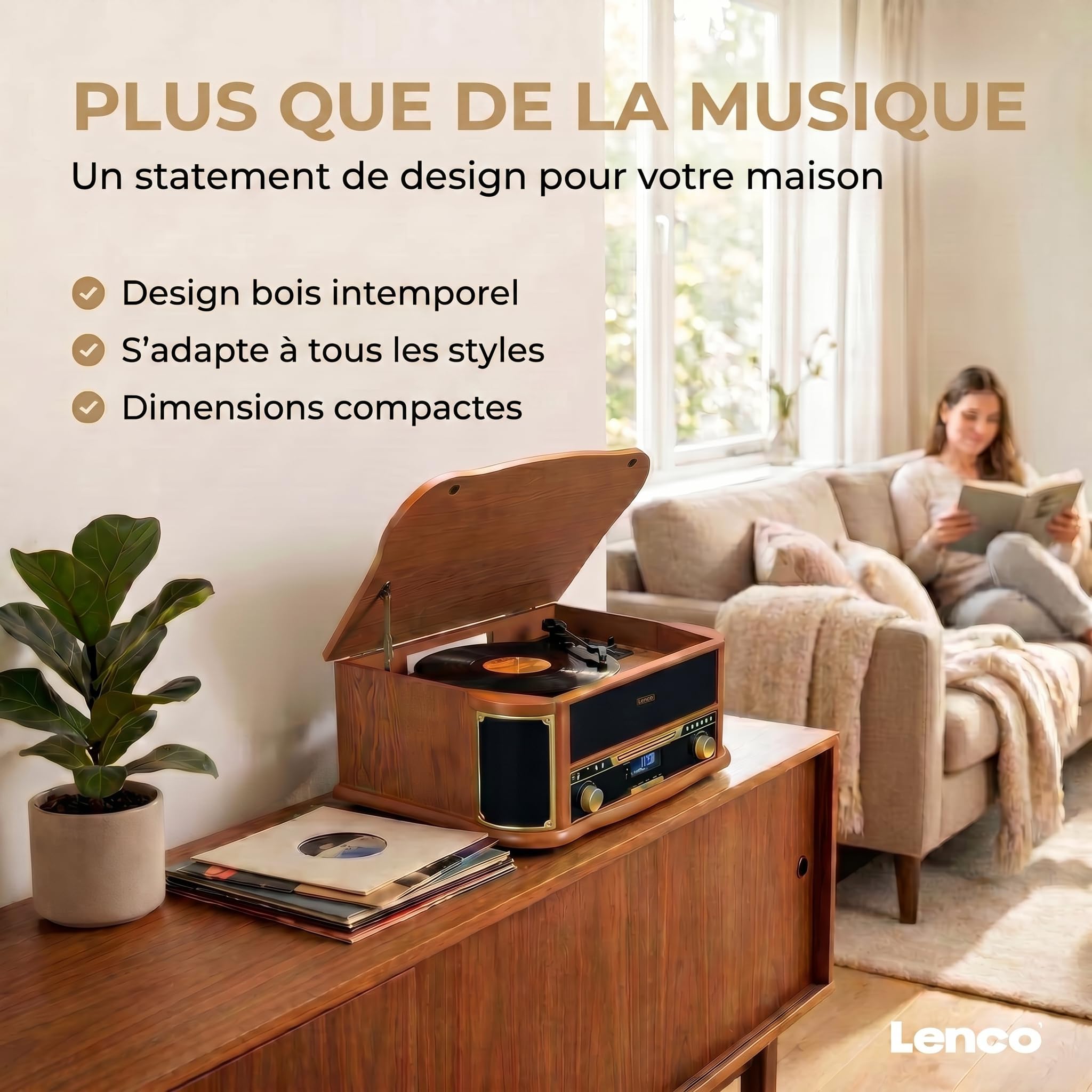 Lenco TCD-2571 Platine Vinyle, Tourne Disque Vinyle, Platine Vinyle Bluetooth - Haut-Parleur - Radio Dab+ - Lecteur CD - Platine Cassette - 3 Vitesses - Entraînement par Courroie - 2 x 5 Watt - Bois