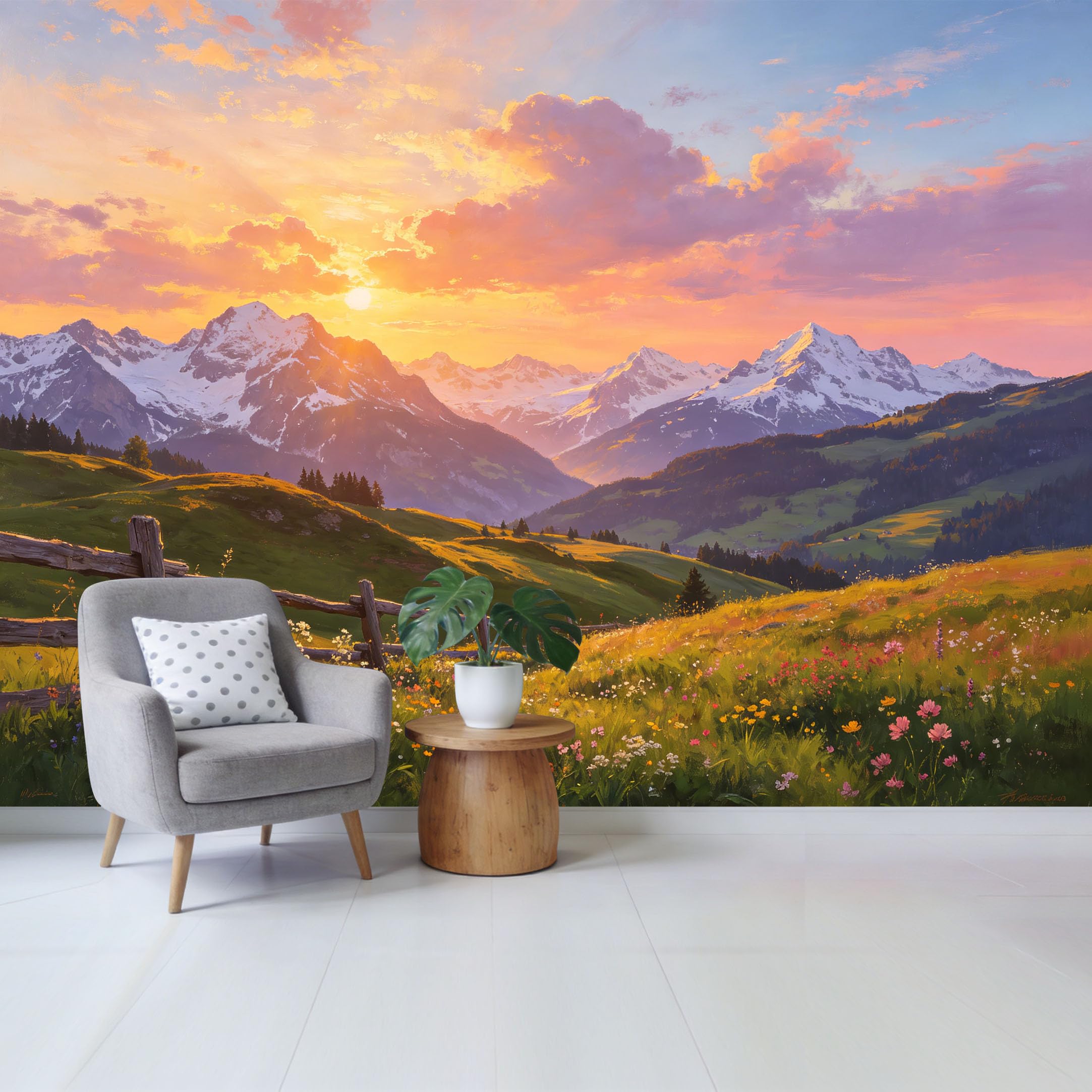 Custom Size Wall Mural Golden Sunset Mountain Landscape Alpine Meadow Wildflower Oil Painting Removable Self Adhesive Fabric Home Wall Decor for Living Room Bedroom Bathroom
