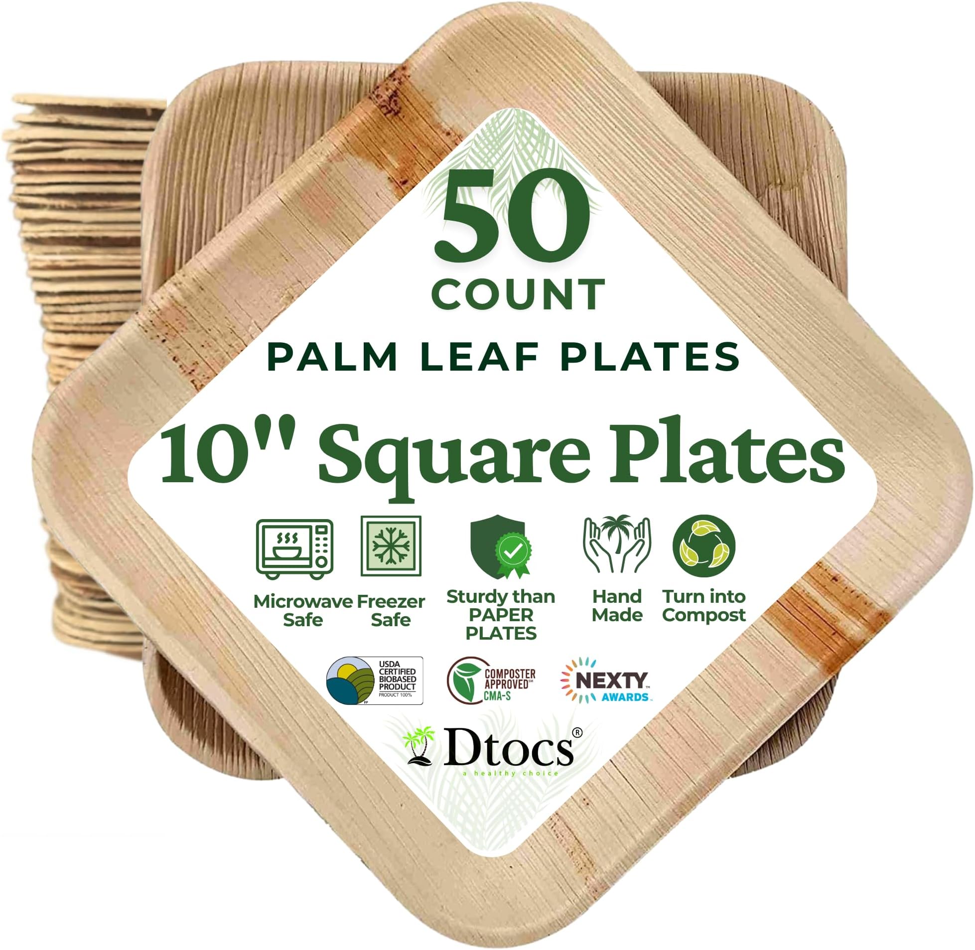 Palm Leaf Plates 10 Inch Square 50 Pack Dinner Plate | Bamboo Plate Disposable Like Compostable Plates, Charcuterie Board, Cheese Platter | Wedding Plate Set Sturdy than 10" Paper Plates