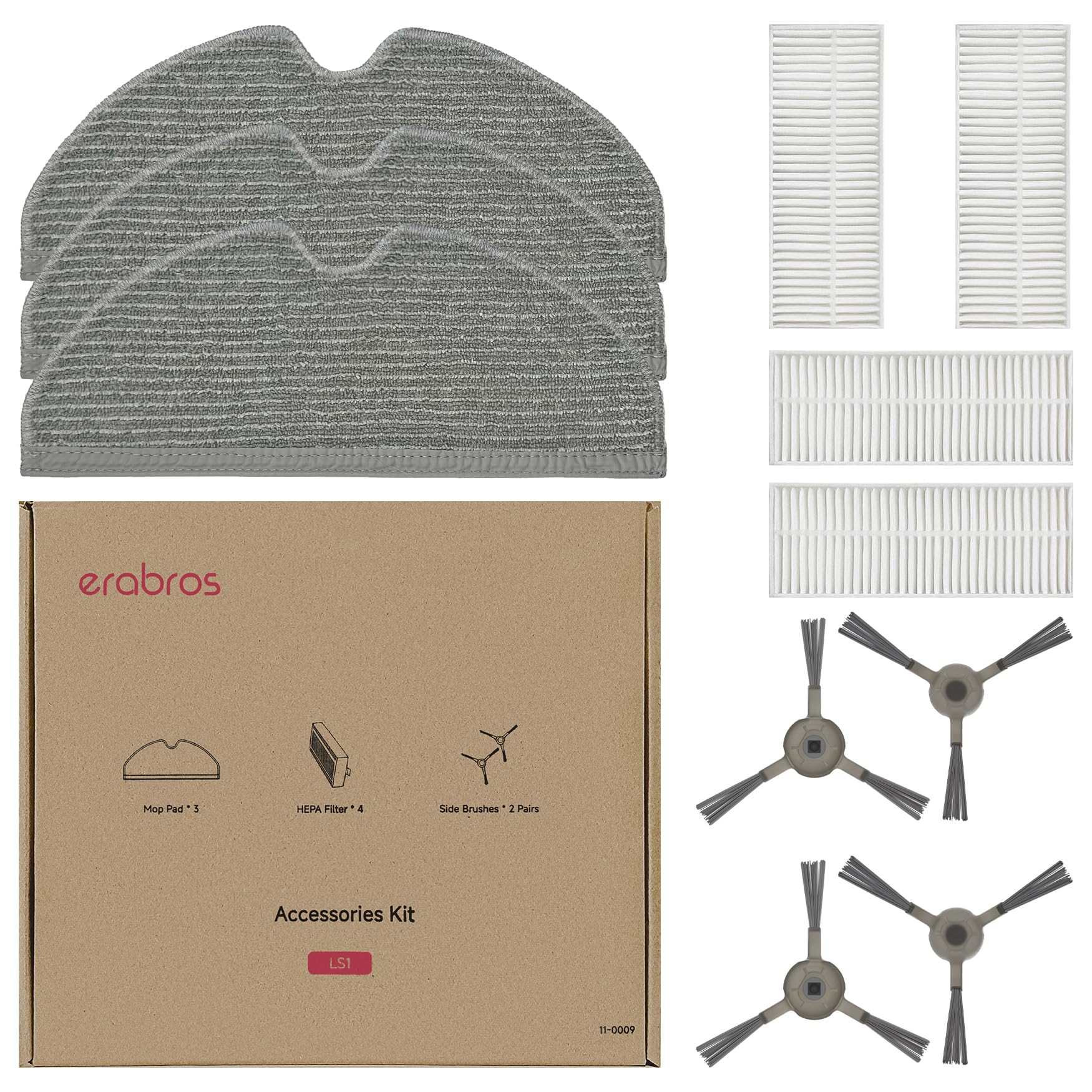 Accessories Kit Replacement for erabros LS1 Robotic Vacuum Cleaner, 4PCS HEPA Filters, 2 Pairs of Side Brushes, 3PCS Microfiber Mopping Pads, Grey, LS1-KT