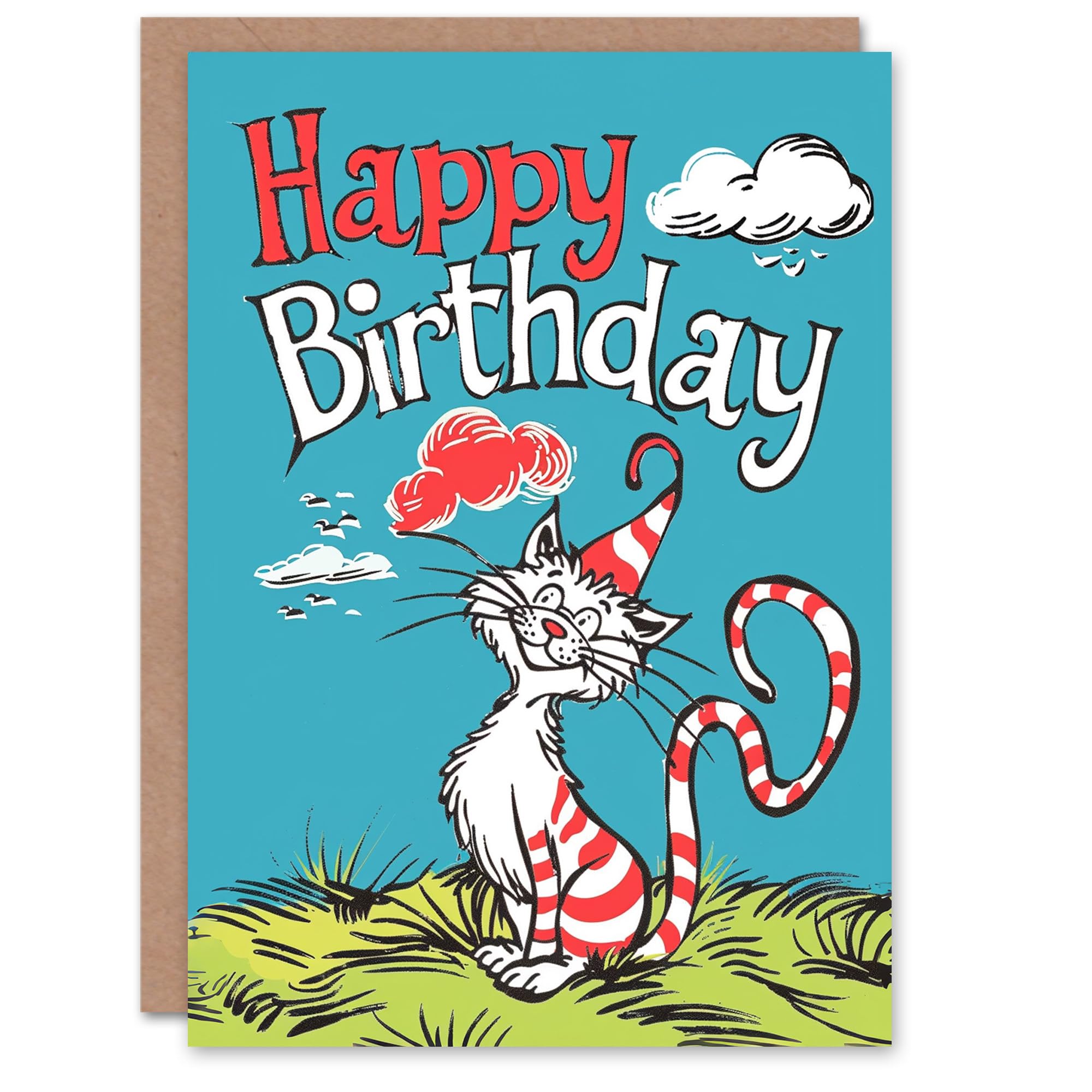 Artery8 Birthday Card Cat Lover Red Stripes Hat Kitty Strange Fun For Child Kids Son Daughter Greeting Card