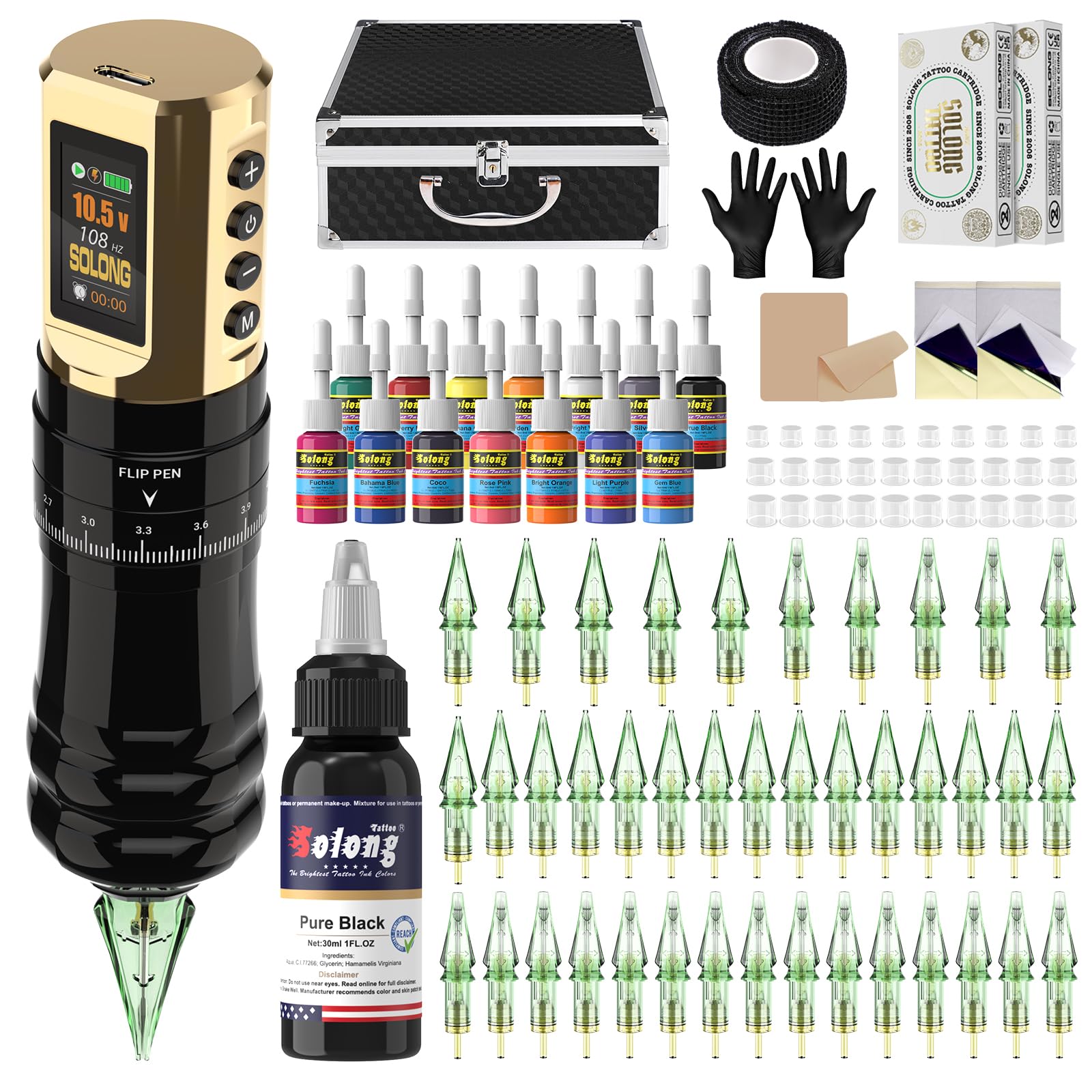 Wireless Tattoo Kit Professional Tattoo Machine Digital LED Display Tattoo Gun for Beginners Gold TA-SLE96EN01S-9A-US