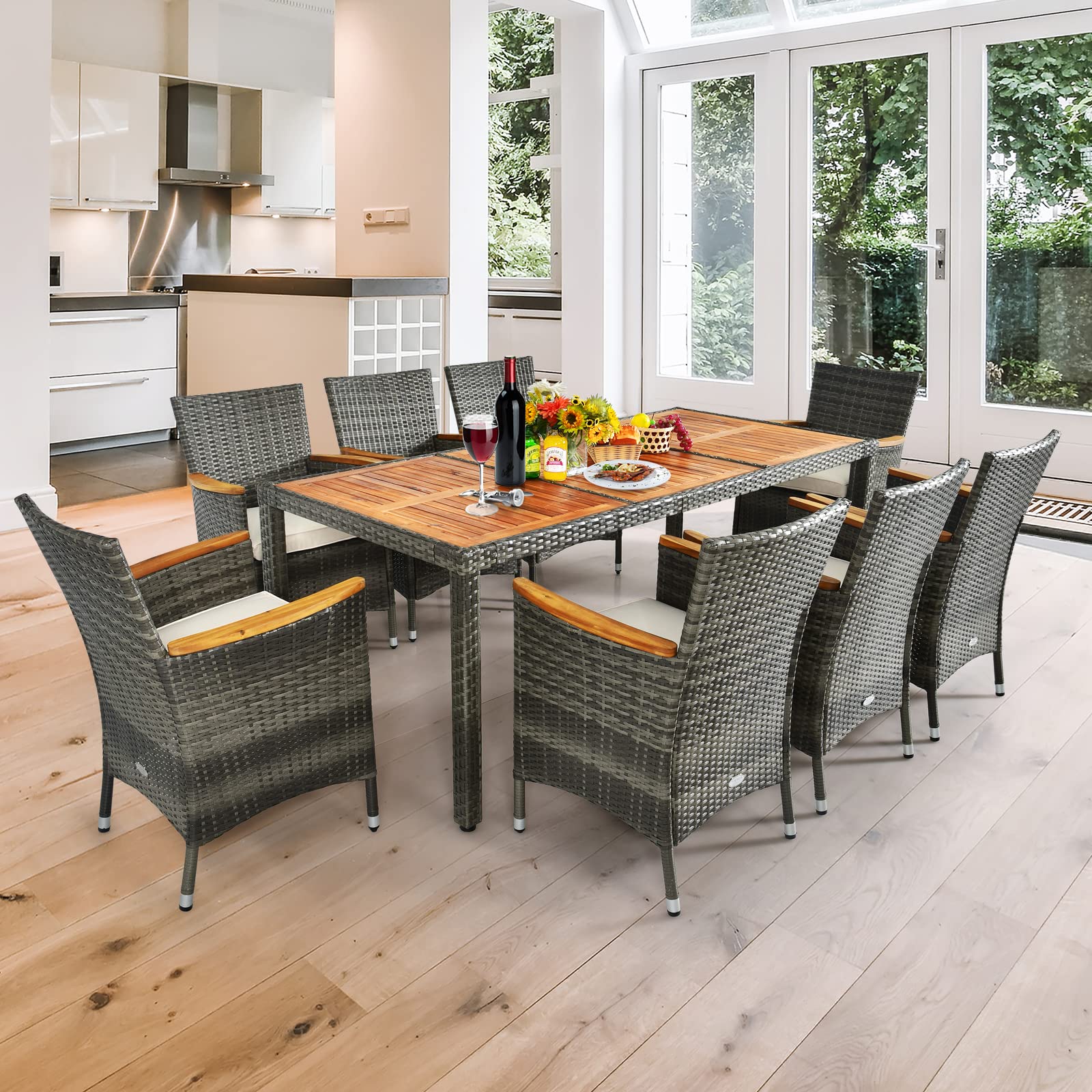 COSTWAY Set 9 Pezzi da Pranzo per giardino, Set di Mobili Esterno in Rattan PE, con 1 Tavolo Rettangolare e 8 Sedie con Cuscini, Ideale per Giardino Piscina e Cortile