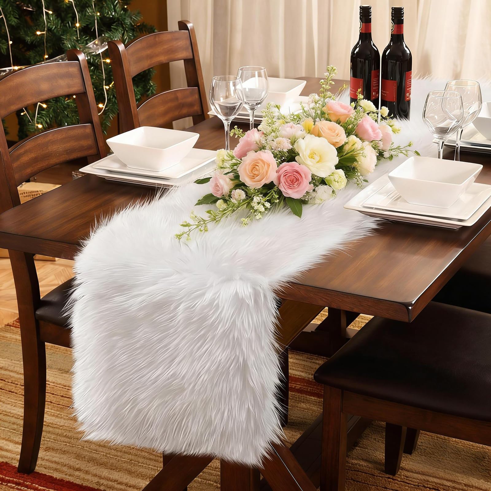 yuboo Fluffy Desser Runners for Bedroom, Spring Summer White Table Runner Furry Fur Touch for Dresser Cover Top, Faux Fur Table Runner for Coffee Table, Living Room 14 x 72 Inches