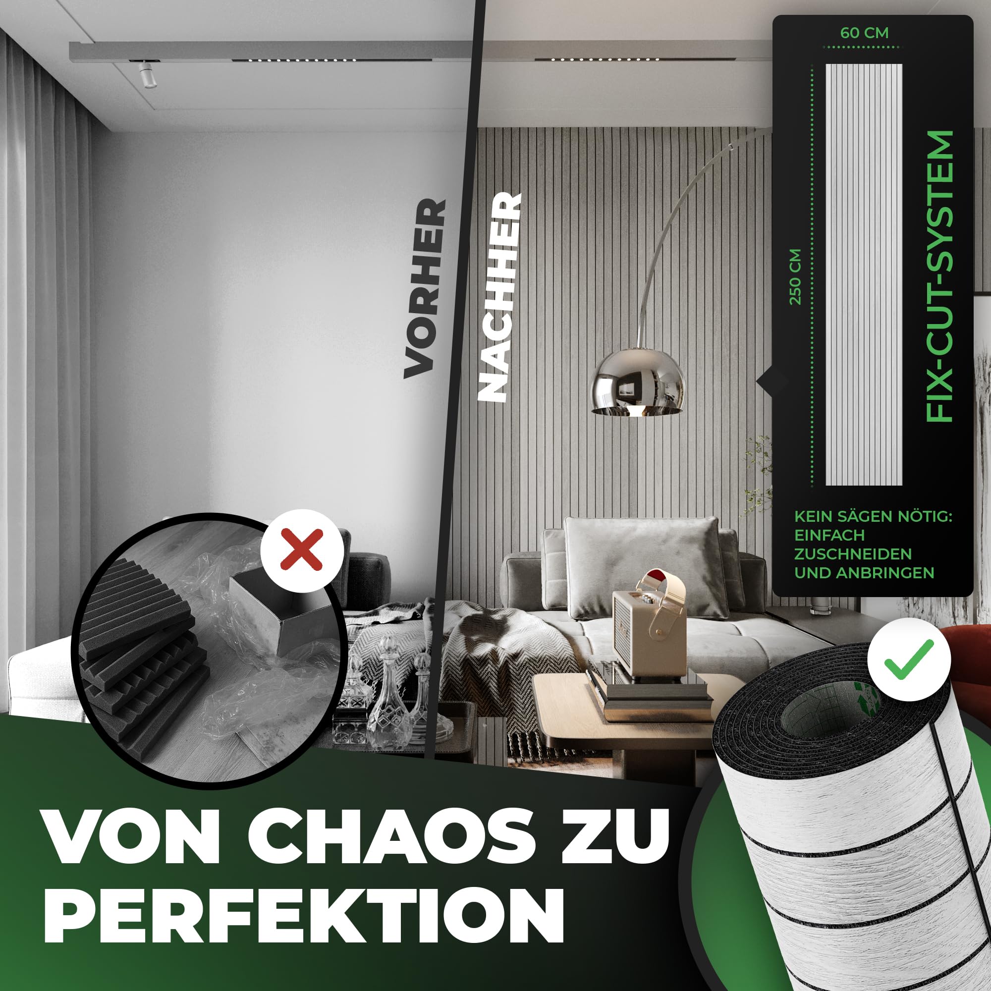 Wandpaneele selbstklebend [Holzoptik] 250x60 cm - 3D Wandverkleidung in edlem Holz-Look | Schallreduzierend & Wasserdicht | Wand-Paneele im Holzpaneele-Stil für Wohnzimmer, Küche & Büro