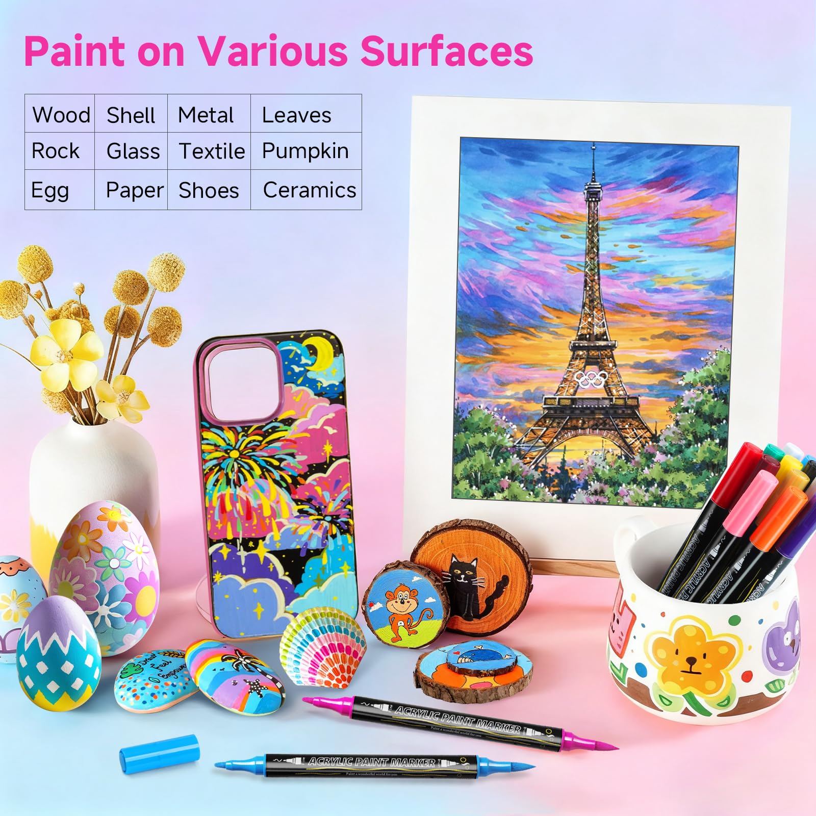 120 Farben Acrylstifte für Steine Wasserfest, Acrylic Marker mit Doppelspitze(Feine Spitze und Pinsel), Metallic Stifte Filzstifte für Steine Bemalen, Glas, Holz, Keramik, Leinwand, Kunststoff