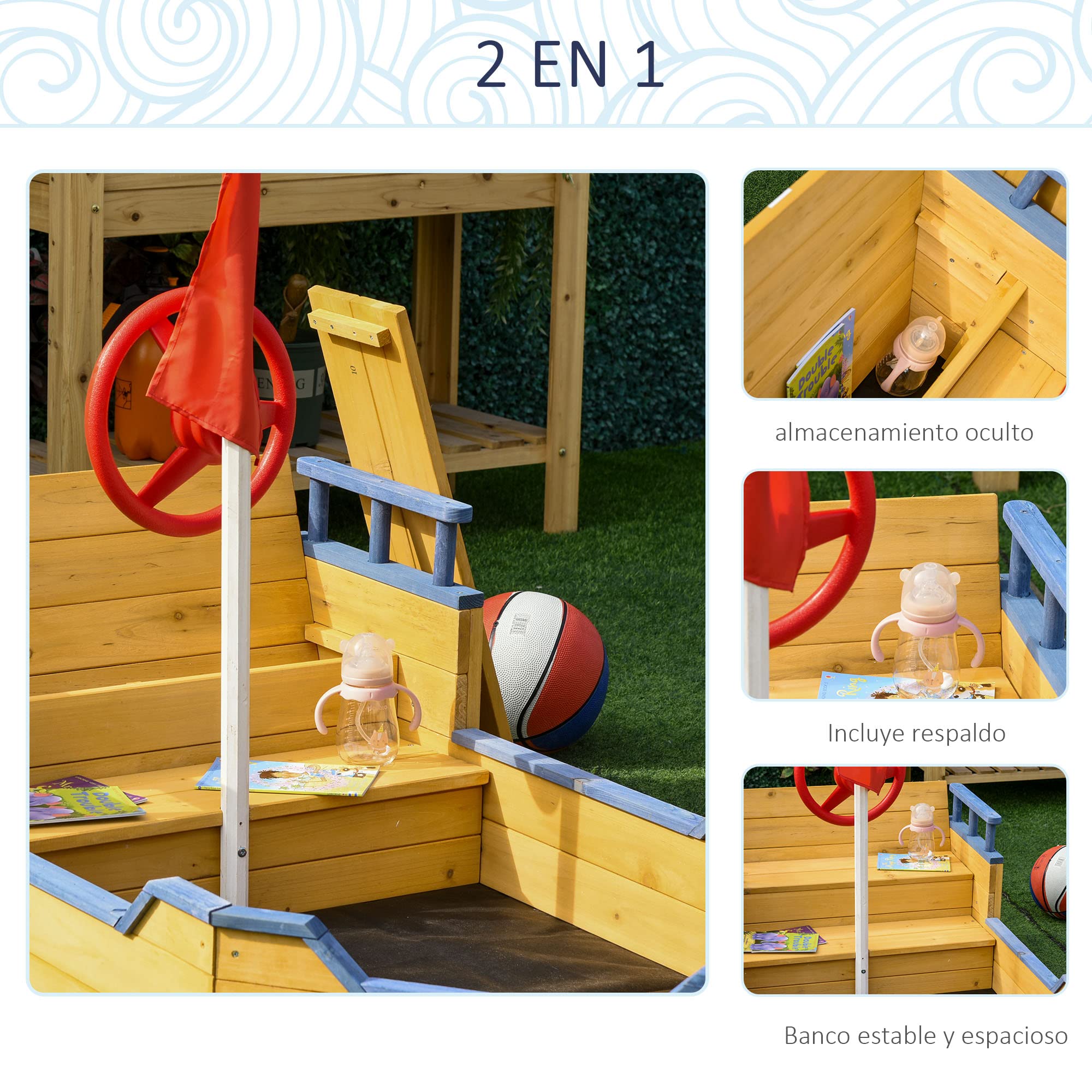 Outsunny Arenero Infantil de Madera Diseño de Galeón con 2 Escalones Banco con Almacenaje Bandera y Timón Cajón de Arena de Jardín para Niños de +3 Años 158x78x45,5 cm Natural