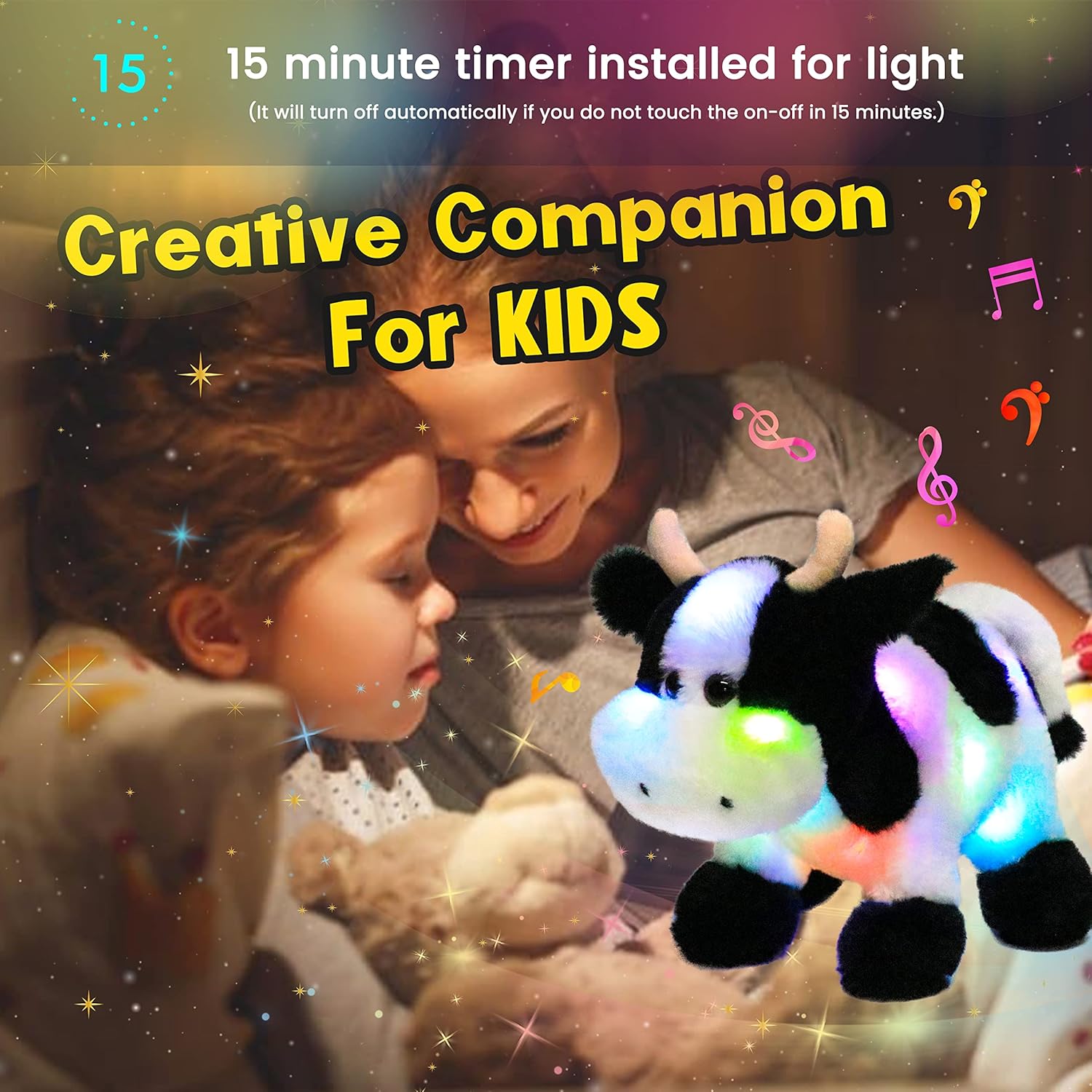 Hopearl LED Musical Stuffed Cow Lighting Up Singing Plush Toy Adjustable Volume Lullaby Animated Soothe Birthday Festival for Kids Toddler Girls, 12'' - Image 6