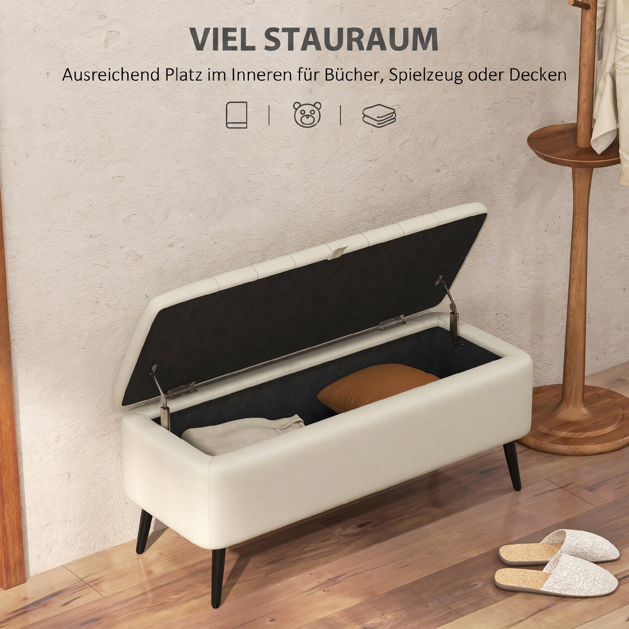 HOMCOM Sitzbank mit Stauraum mit Leinenoptik 102 x 40 x 44 cm Cremeweiß