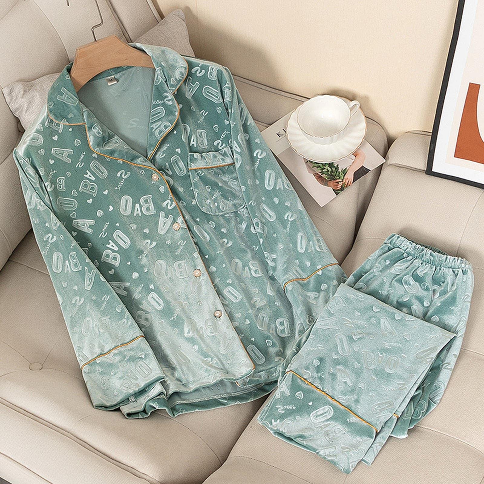 Pigiama Donna Pigiama per Donne in Finta Velluto 2Pcs Set Camicia A Manica Piena E Pantalone Primaverile Autunno Inverno Abbigliamento per Sonno Notturno Sciolto