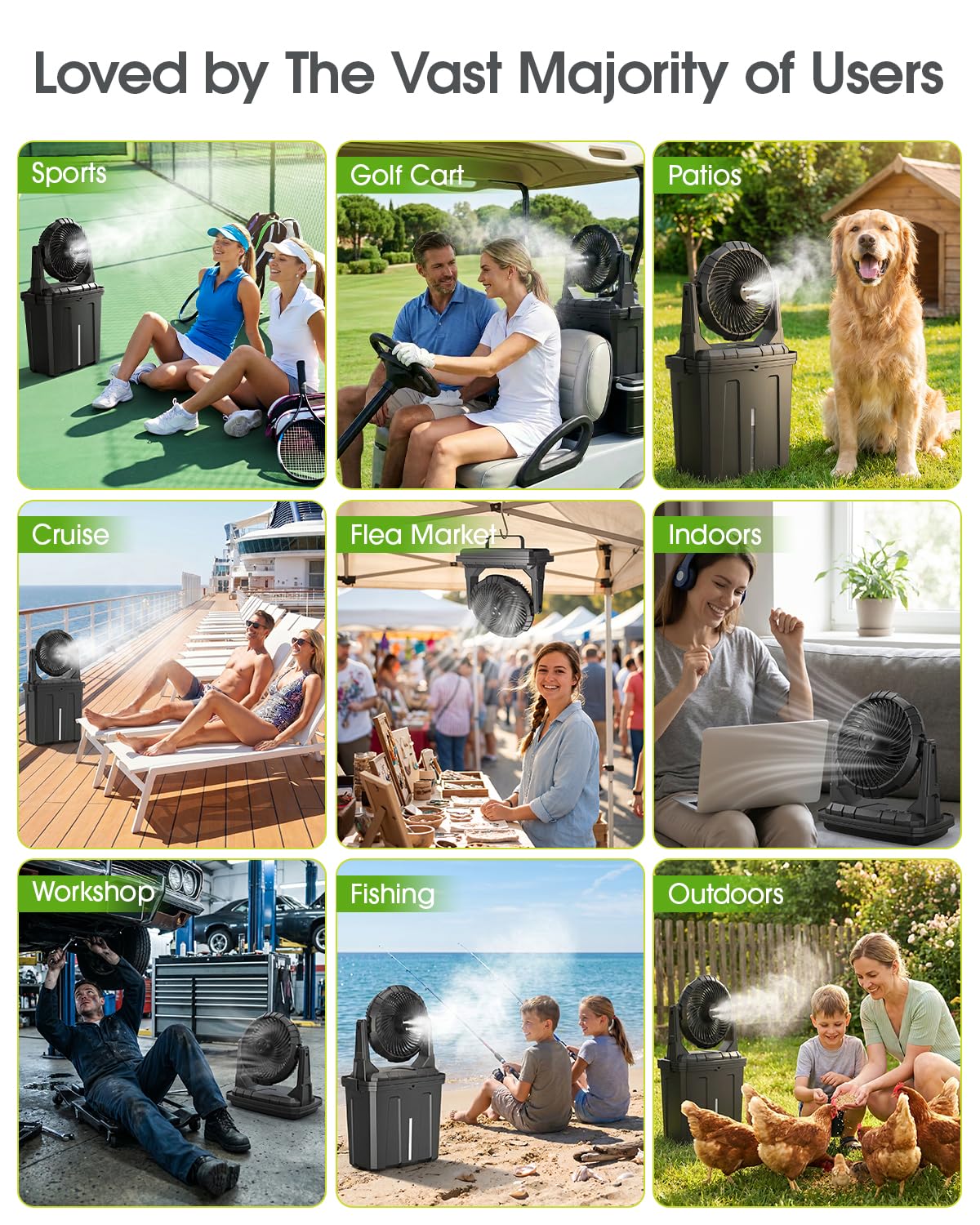 Ausic Ventilador de nebulización portátil oscilante de 10 pulgadas y 9 L mejorado con luz, [máximo 55 horas] Ventilador de carrito de golf para patios exteriores, ventilador de refrigeración de agua