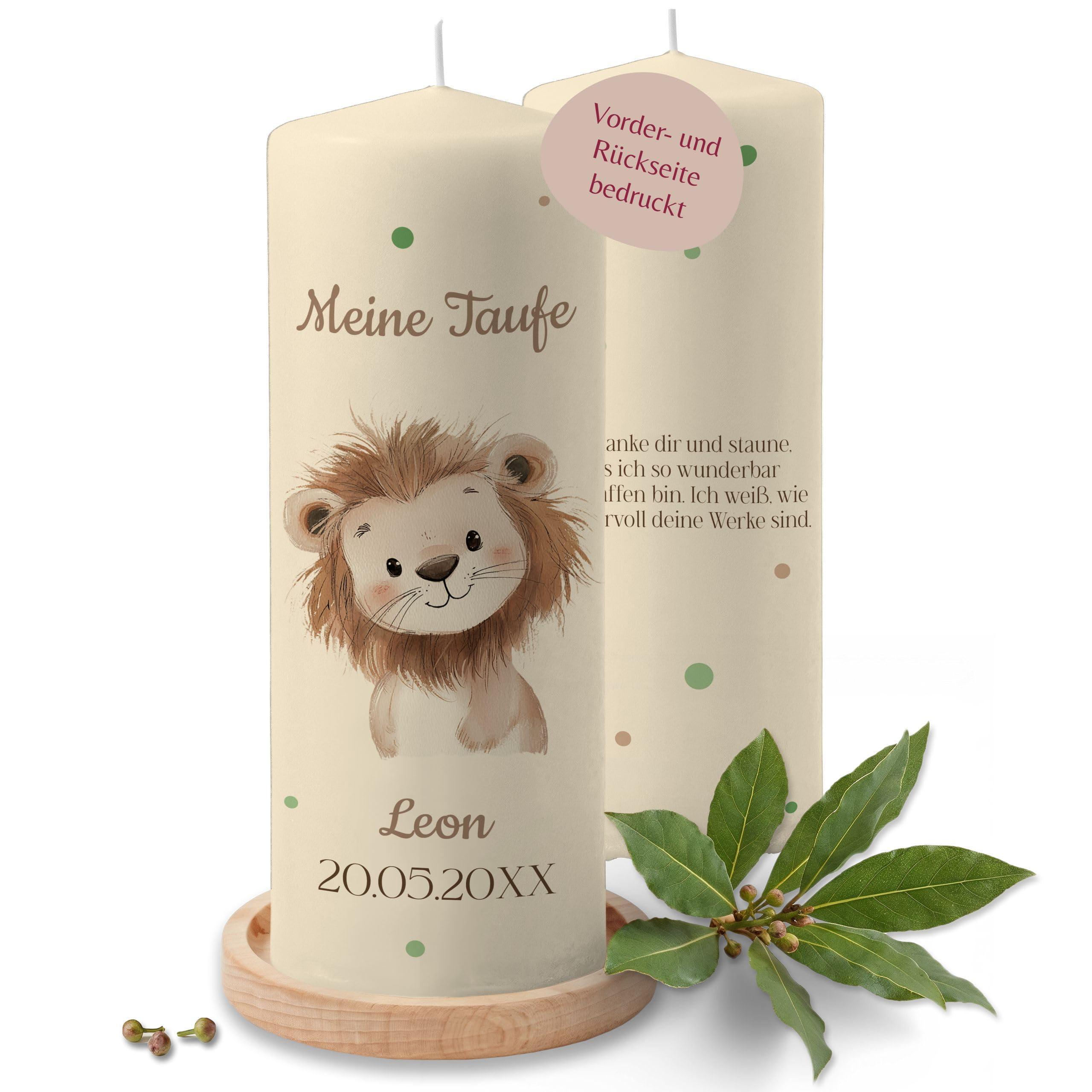 Taufkerze - Taufe - Löwe mit Name Datum Wunschtext - personalisierte Taufgeschenke für Mädchen und Jungen - 230/78 mm - Elfenbein