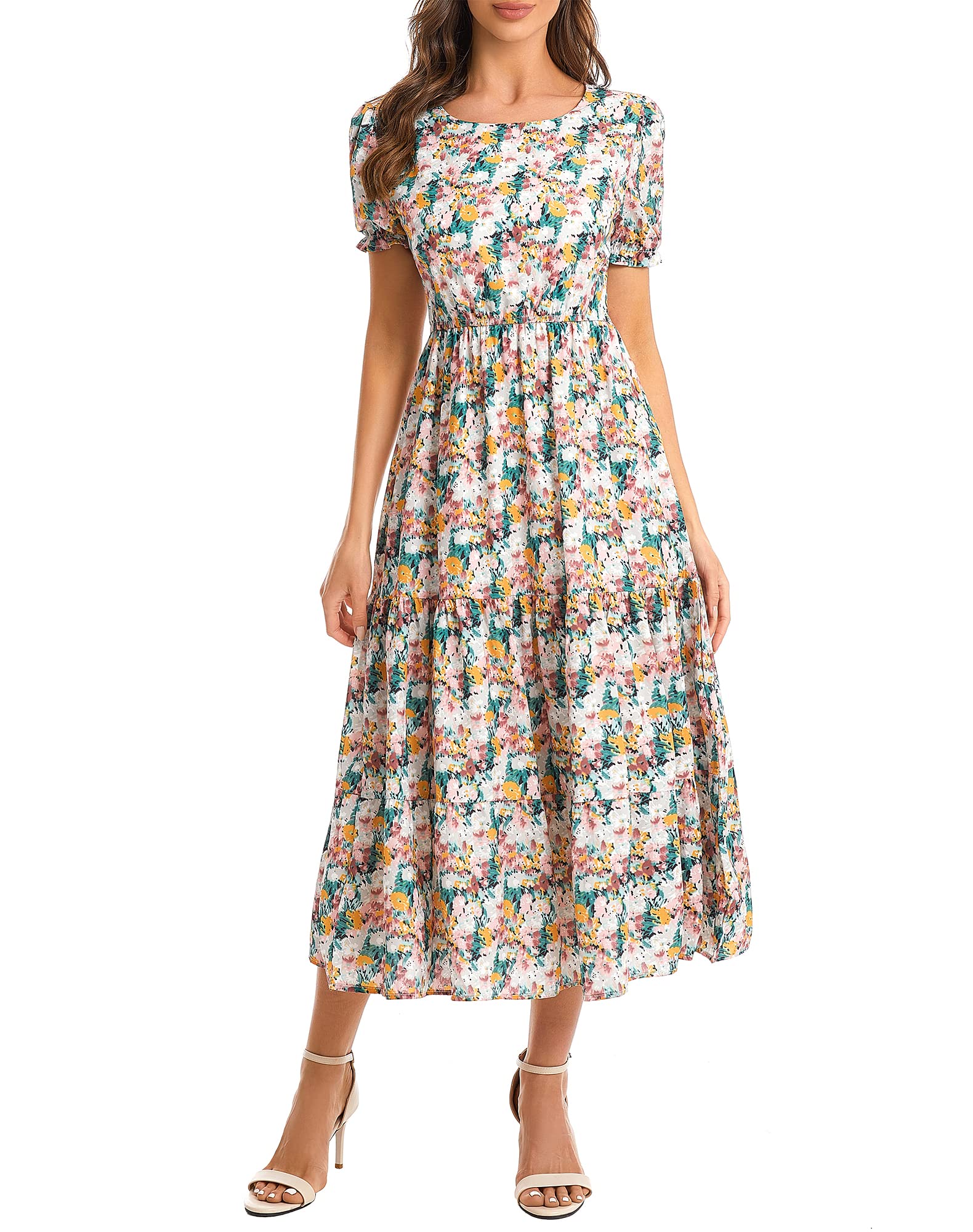 Shineflow Women's Summer Casual Crewneck Floral Print Puff Short Sleeve High Waist Midi Flowy Tiered Dresses