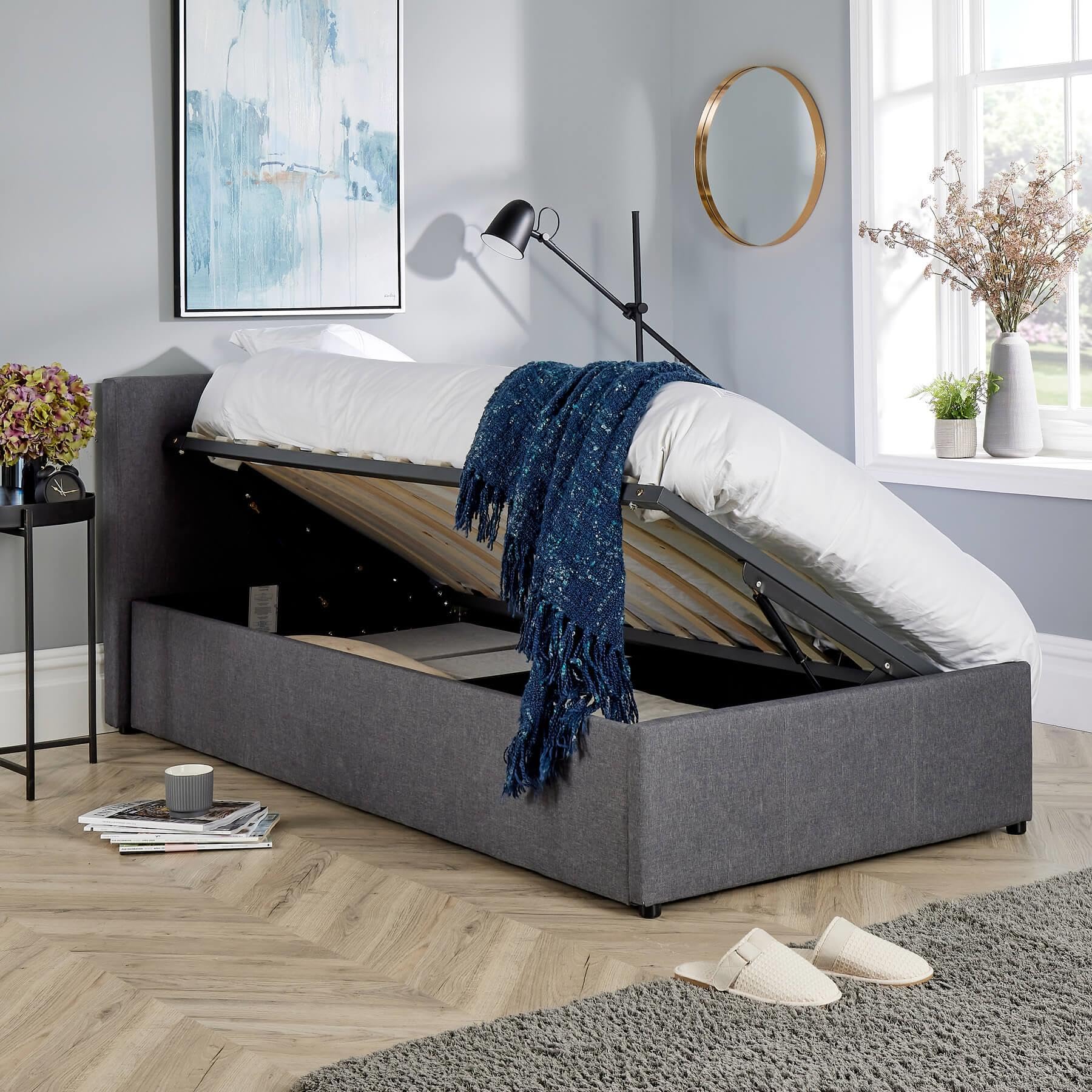 Home Source Single 3ft Side Gas Lift Fabric Ottoman Storage Bed, Grey