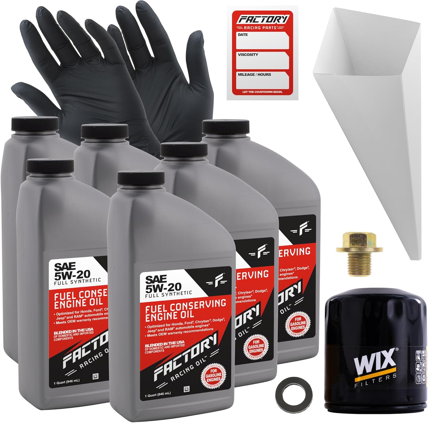 Factory Racing Parts Oil Change Kit Compatible with Ford Fusion 2.0L Turbo, 2.5L 2013-2020, Transit Connect 2.5L 2014-2022 5W-20 Full Synthetic Oil - 6 Quarts