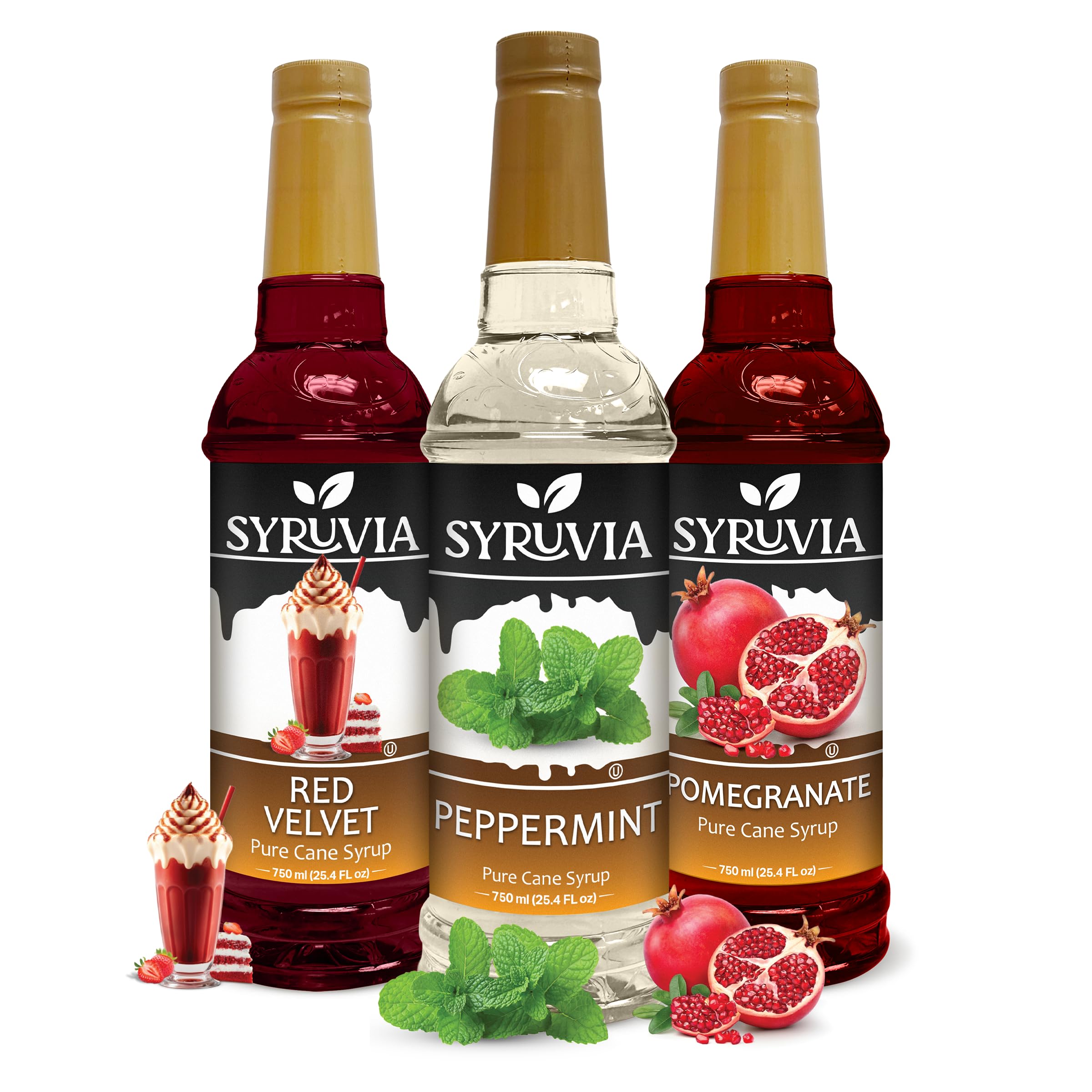 SYRUVIAPeppermint Syrup, Red Velvet Syrup & Pomegranate Syrup - 25.4 fl oz. Premium Coffee Flavoring Syrup. Kosher & Gluten-Free. Perfect for Enhancing Drinks, Shakes, Desserts & More.